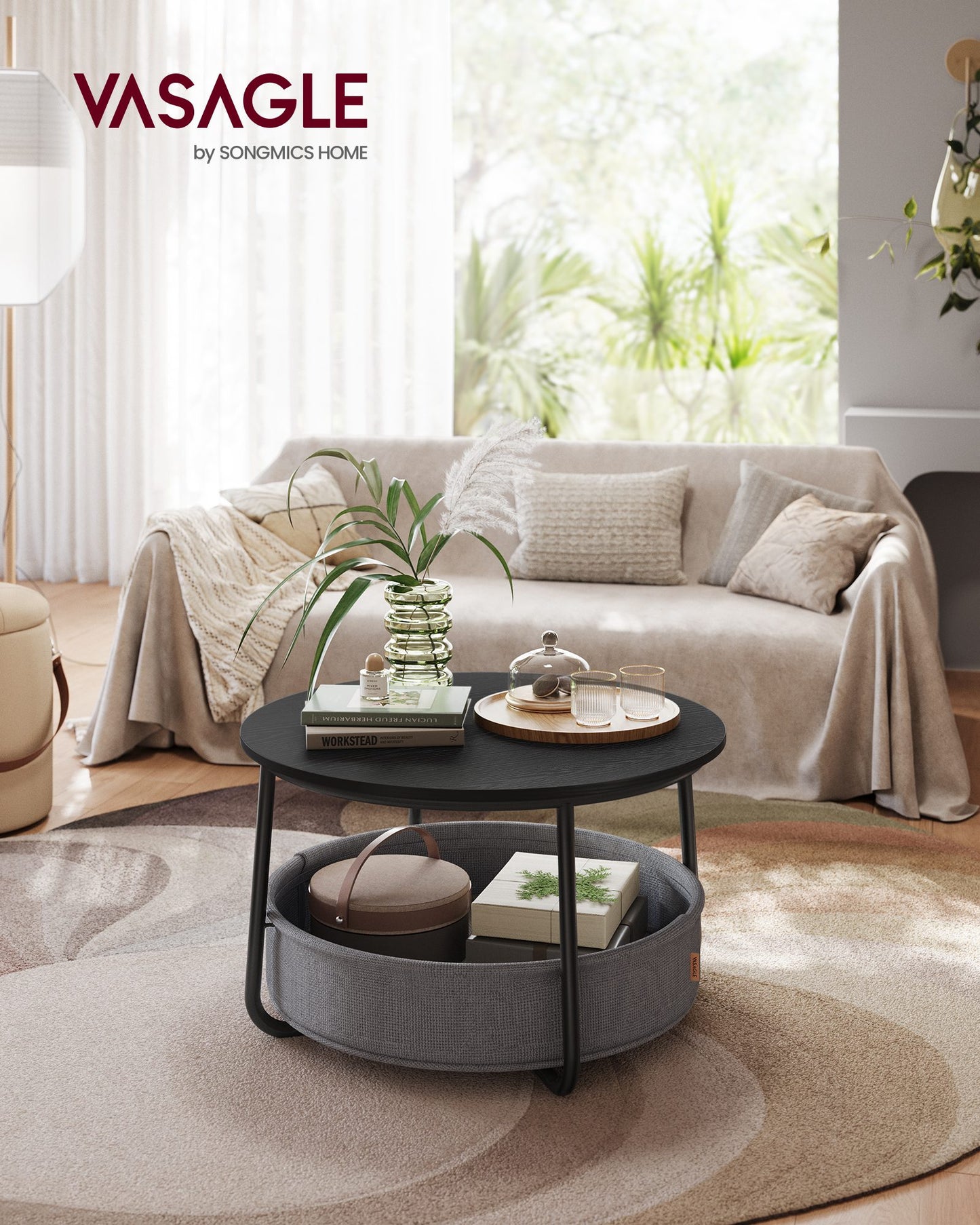VASAGLE Coffee Table with Fabric Basket – Ebony Black, Slate Gray