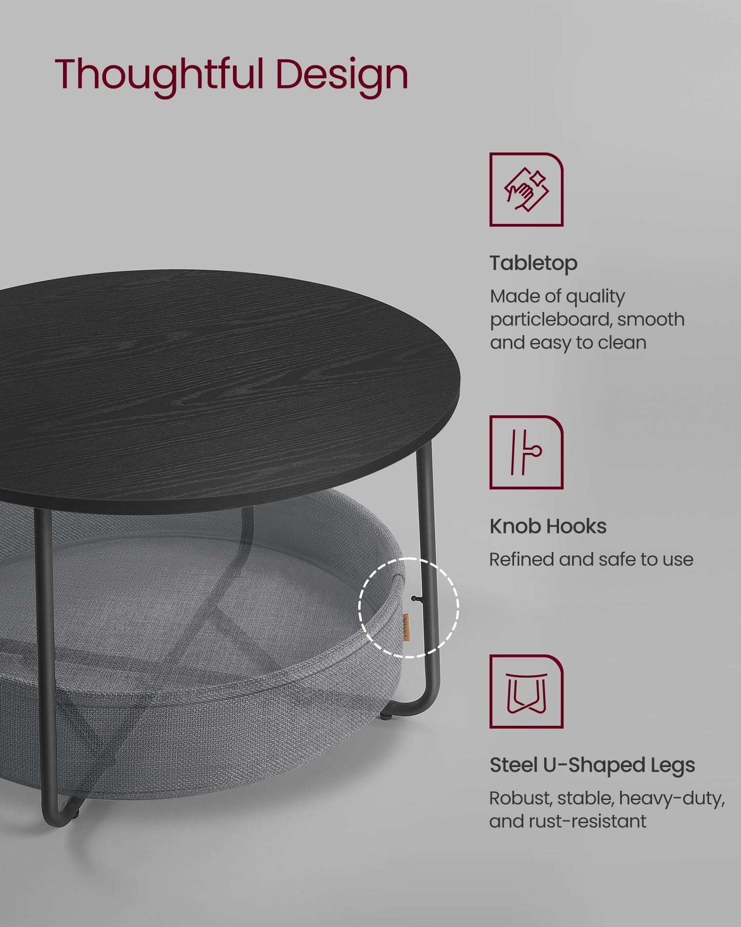 VASAGLE Coffee Table with Fabric Basket – Ebony Black, Slate Gray