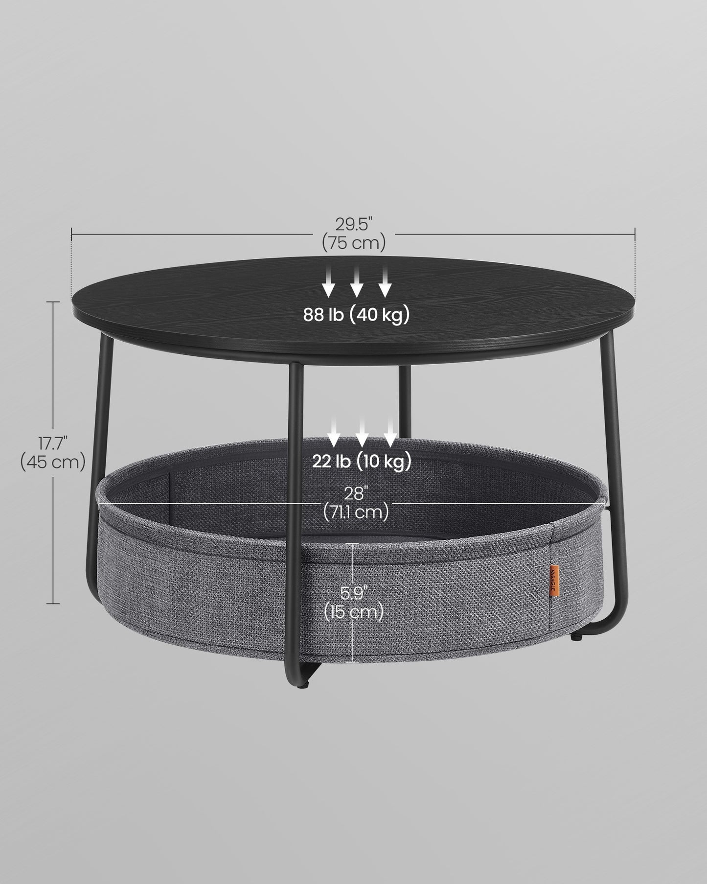 VASAGLE Coffee Table with Fabric Basket – Ebony Black, Slate Gray