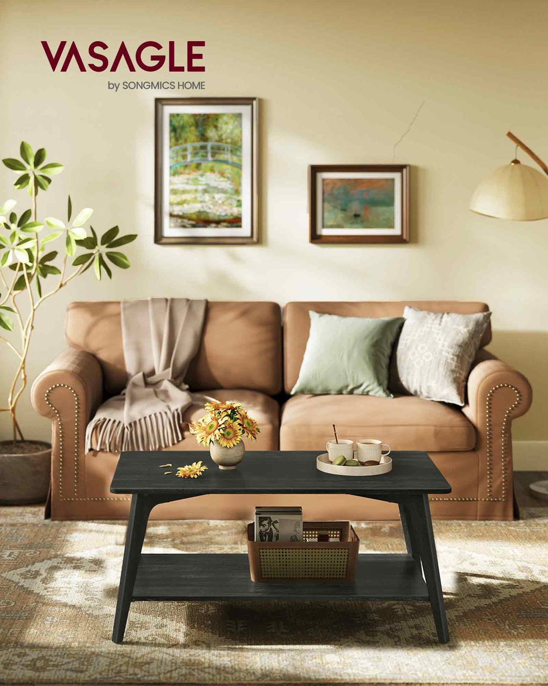 VASAGLE Coffee Table, 2-Tier Living Room Table with Storage, Center Table with Rounded Corners – Charcoal Gray