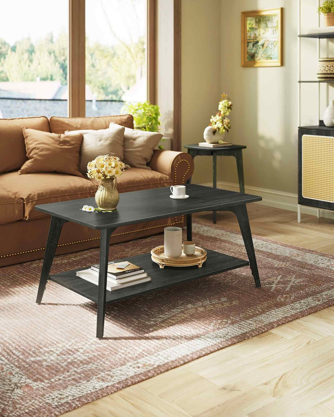 VASAGLE Coffee Table, 2-Tier Living Room Table with Storage, Center Table with Rounded Corners – Charcoal Gray
