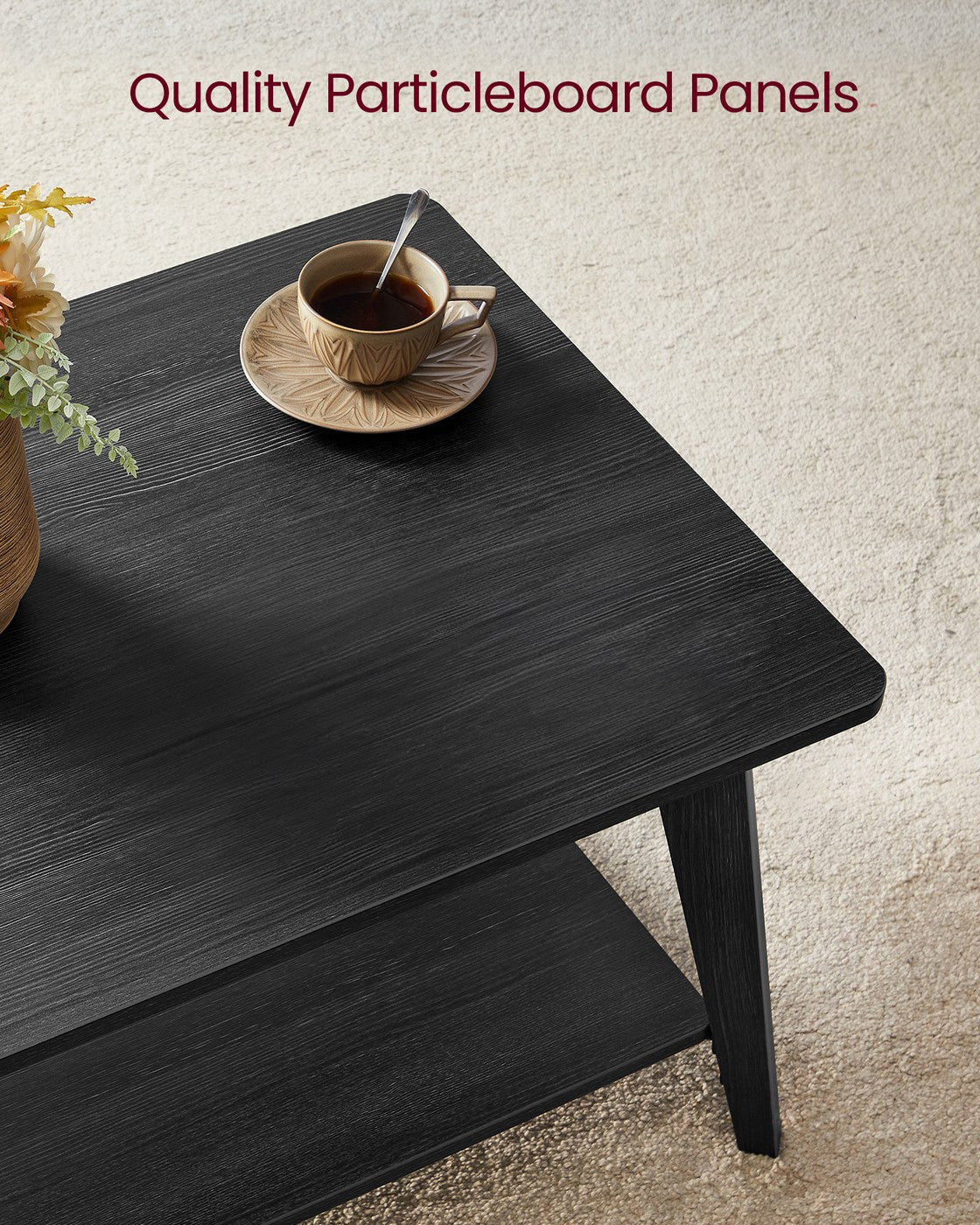 VASAGLE Coffee Table, 2-Tier Living Room Table with Storage, Center Table with Rounded Corners – Charcoal Gray