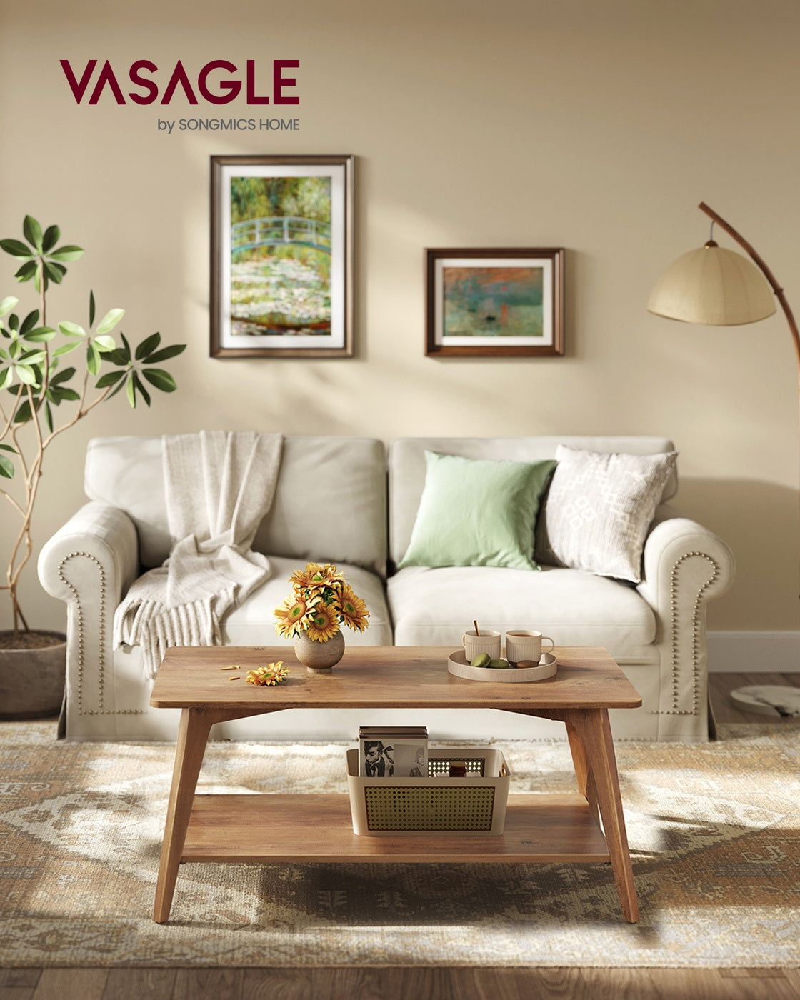 VASAGLE Coffee Table, 2-Tier Living Room Table with Storage, Center Table with Rounded Corners – Hoeny Brown