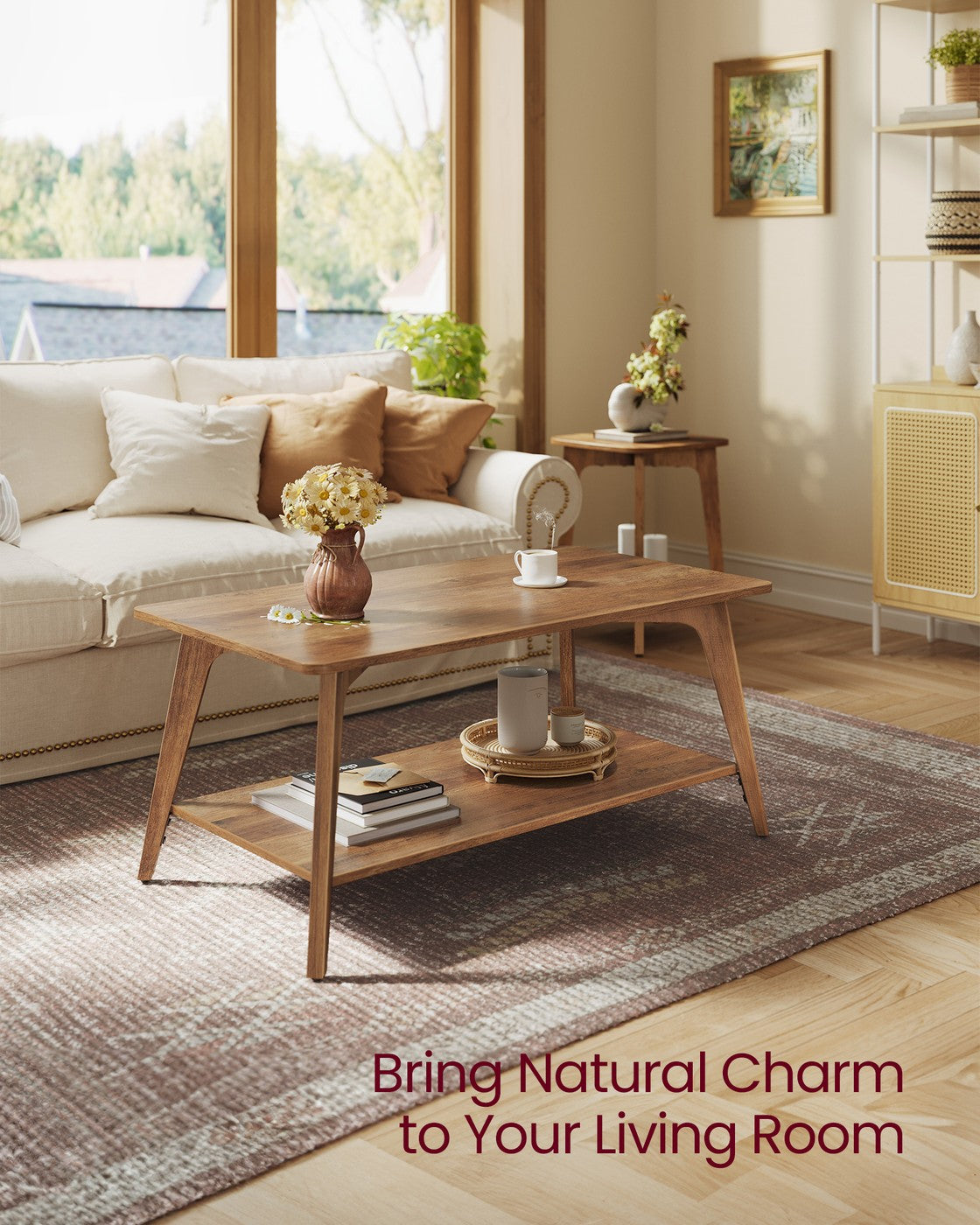 VASAGLE Coffee Table, 2-Tier Living Room Table with Storage, Center Table with Rounded Corners – Hoeny Brown
