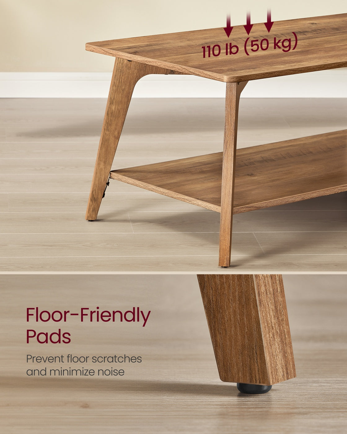 VASAGLE Coffee Table, 2-Tier Living Room Table with Storage, Center Table with Rounded Corners – Hoeny Brown