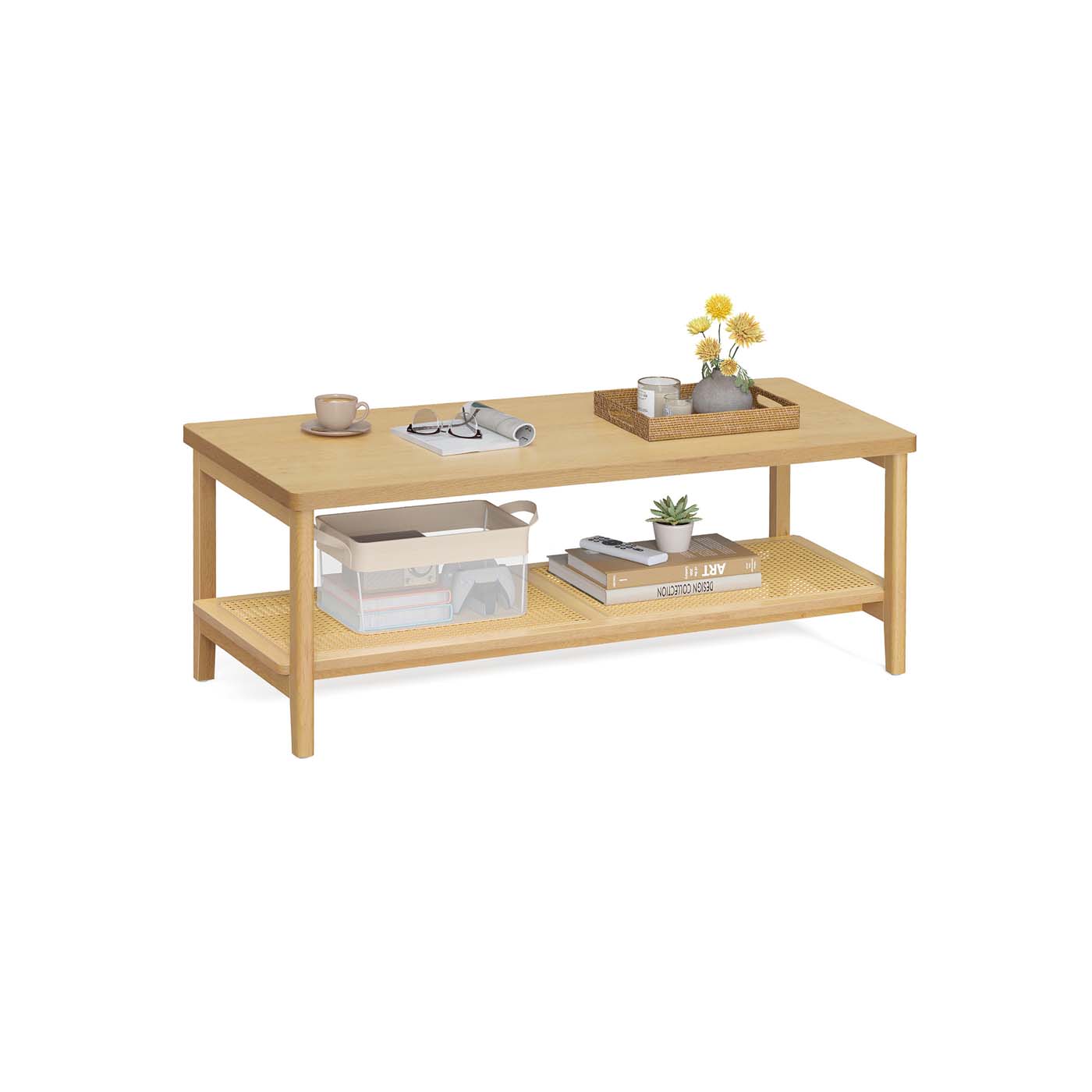 VASAGLE 2-Tier Coffee Table for Living Room, Rectangular Living Room Table – Oak Beige