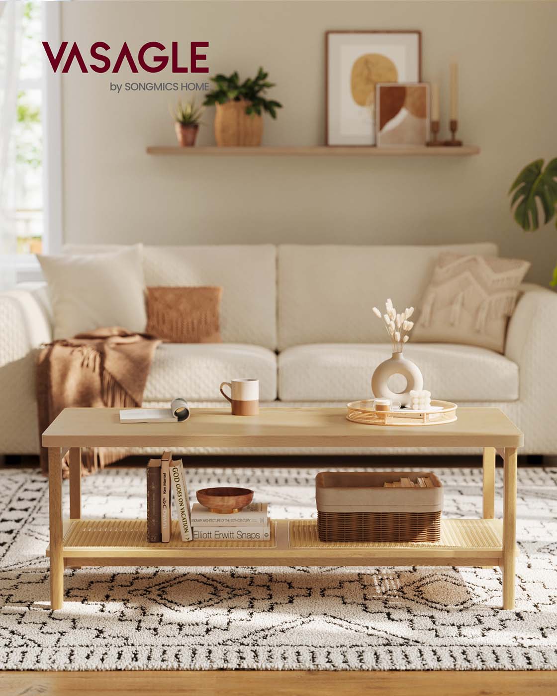 VASAGLE 2-Tier Coffee Table for Living Room, Rectangular Living Room Table – Oak Beige