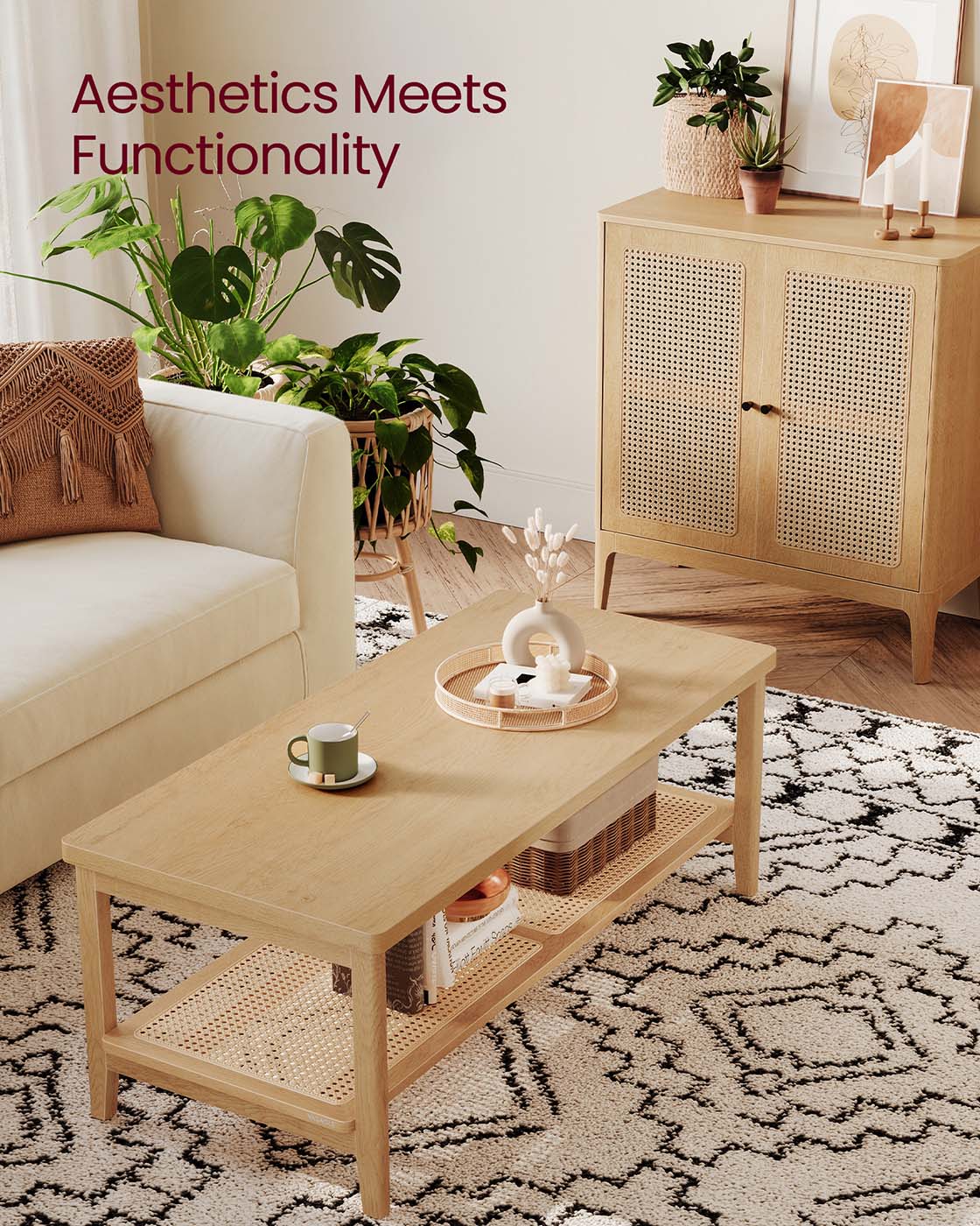 VASAGLE 2-Tier Coffee Table for Living Room, Rectangular Living Room Table – Oak Beige