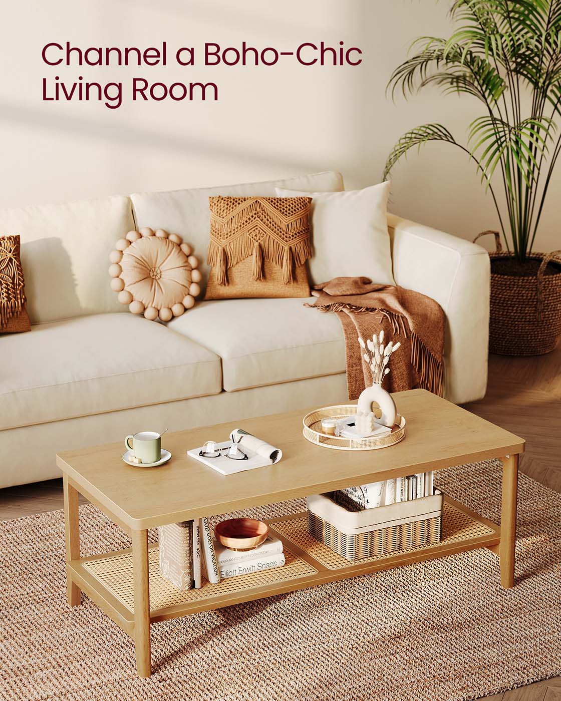 VASAGLE 2-Tier Coffee Table for Living Room, Rectangular Living Room Table – Oak Beige