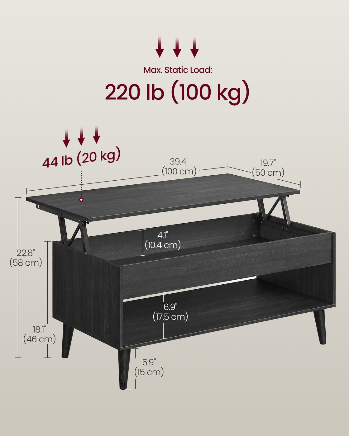 VASAGLE Lift Top Coffee Table with Hidden Storage – Charcoal Gray