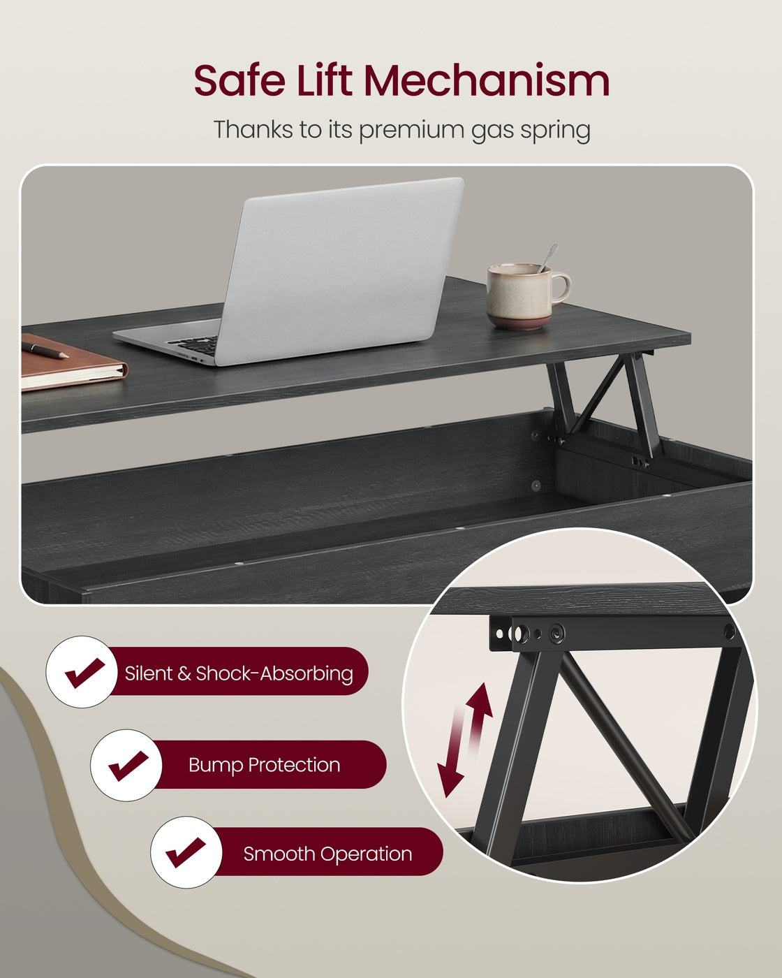 VASAGLE Lift Top Coffee Table with Hidden Storage – Charcoal Gray