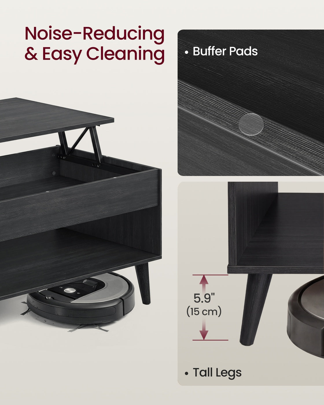 VASAGLE Lift Top Coffee Table with Hidden Storage – Charcoal Gray