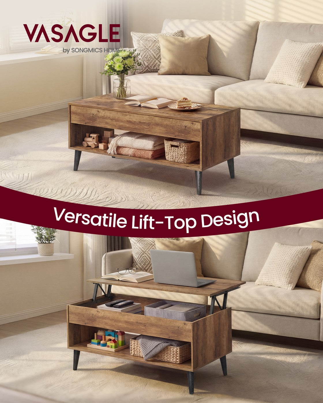 VASAGLE Lift Top Coffee Table with Hidden Storage – Honey Brown