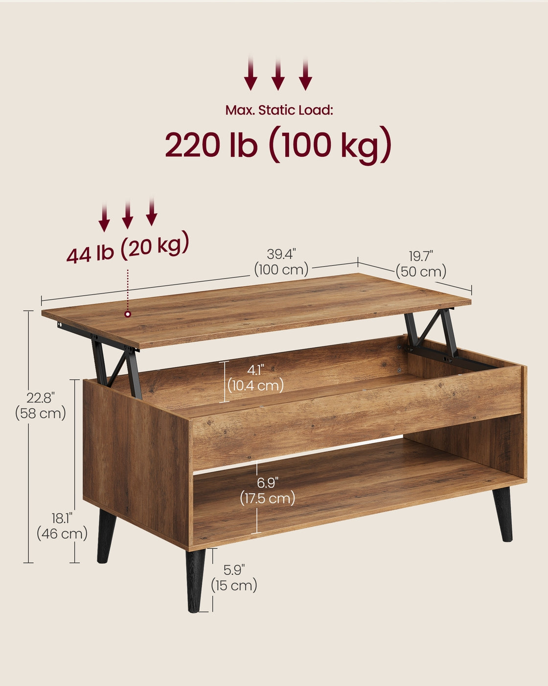 VASAGLE Lift Top Coffee Table with Hidden Storage – Honey Brown