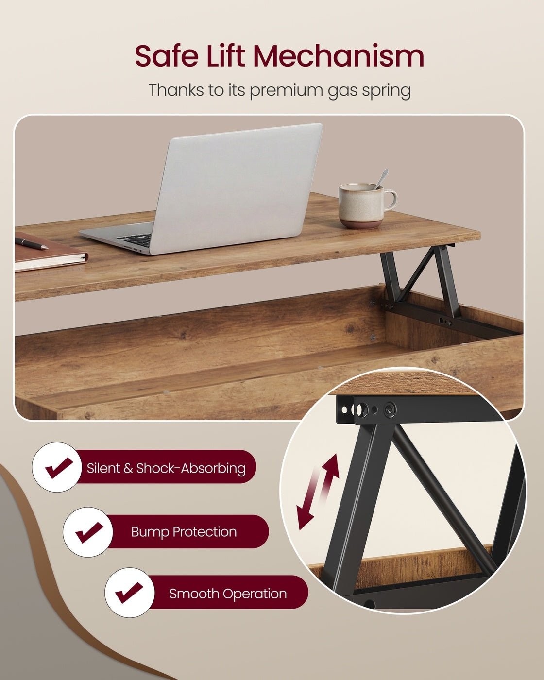 VASAGLE Lift Top Coffee Table with Hidden Storage – Honey Brown