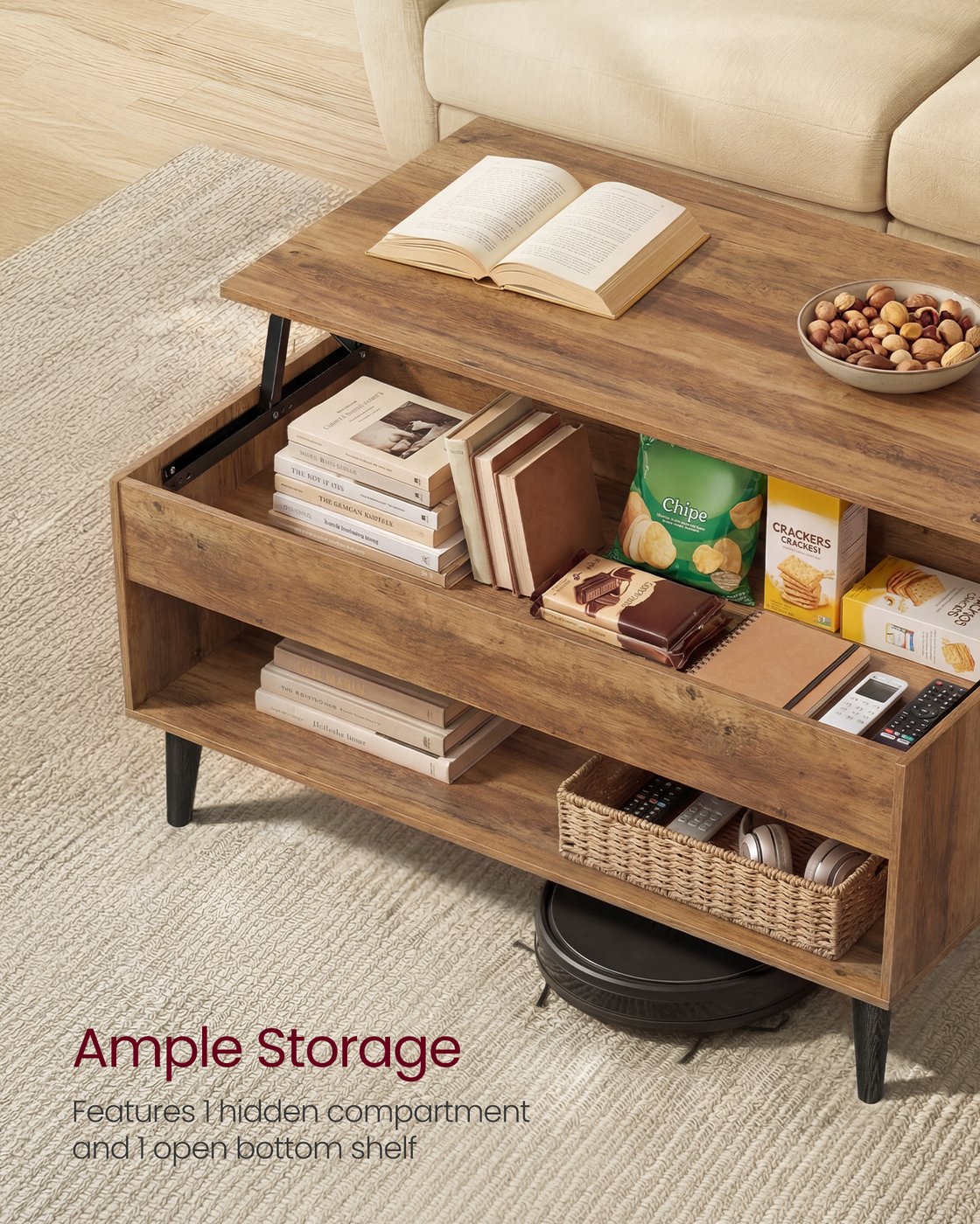 VASAGLE Lift Top Coffee Table with Hidden Storage – Honey Brown