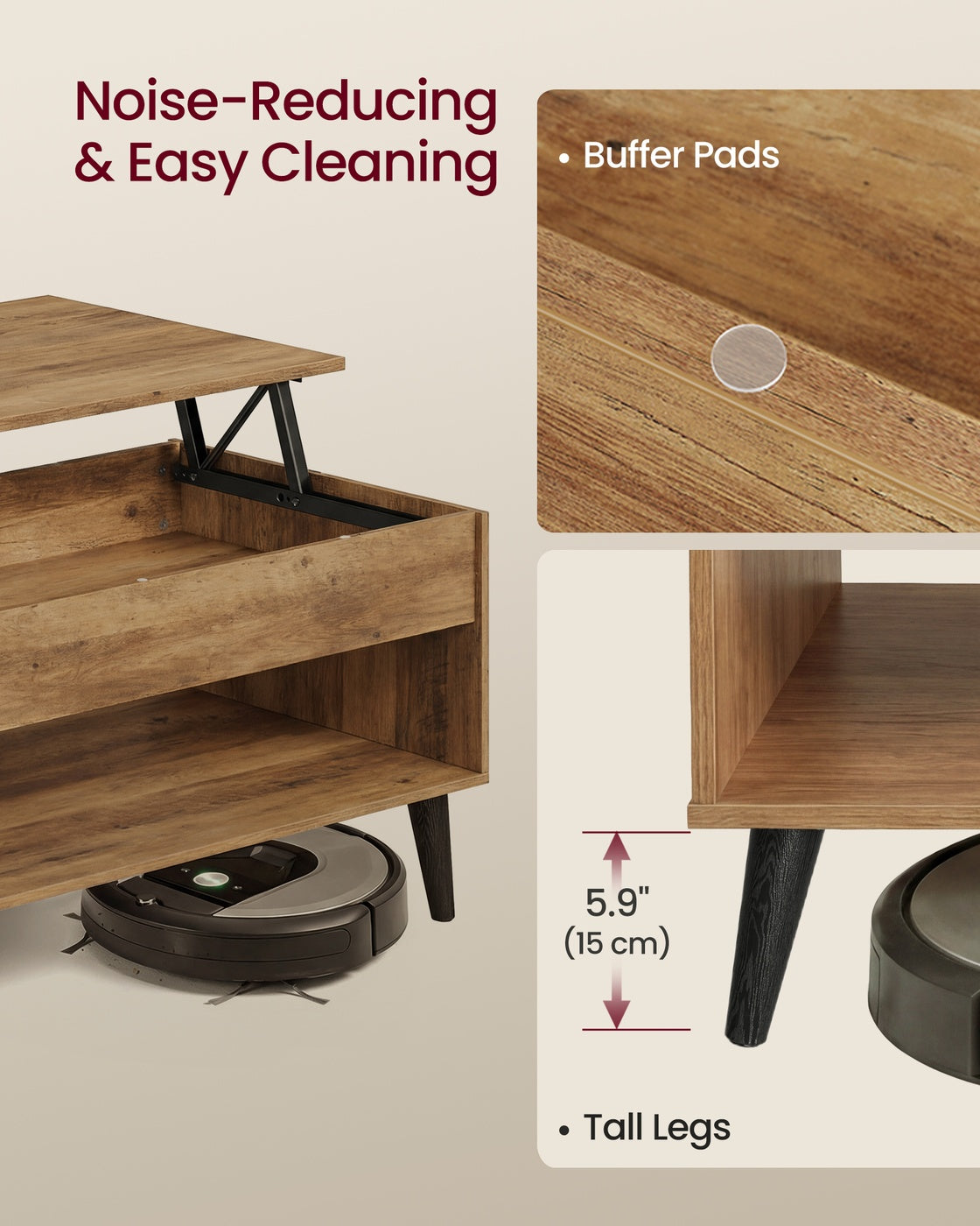 VASAGLE Lift Top Coffee Table with Hidden Storage – Honey Brown