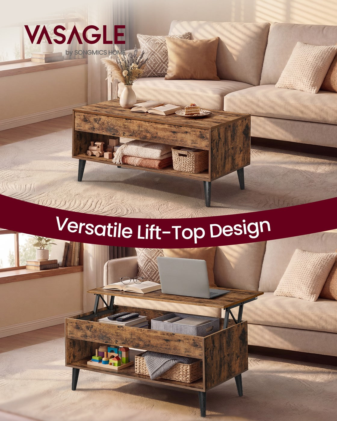 VASAGLE Lift Top Coffee Table with Hidden Storage – Rustic Brown
