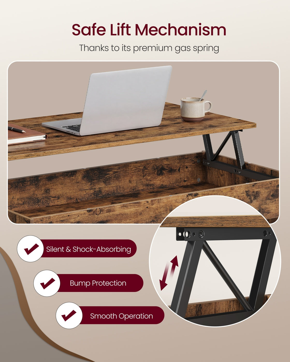 VASAGLE Lift Top Coffee Table with Hidden Storage – Rustic Brown