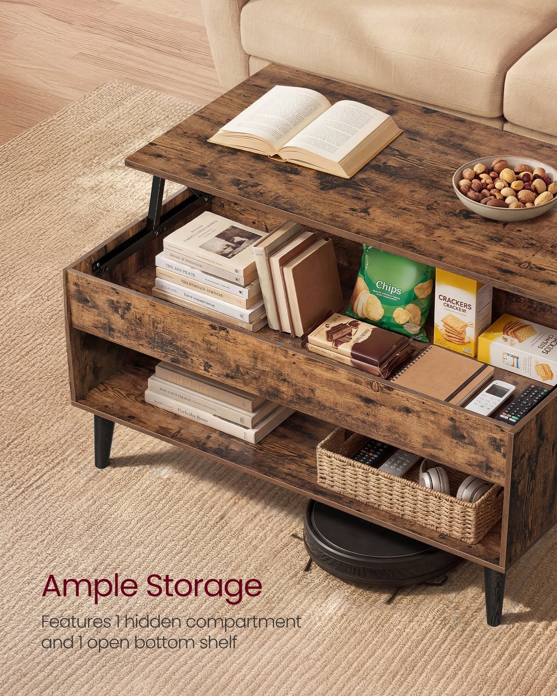 VASAGLE Lift Top Coffee Table with Hidden Storage – Rustic Brown