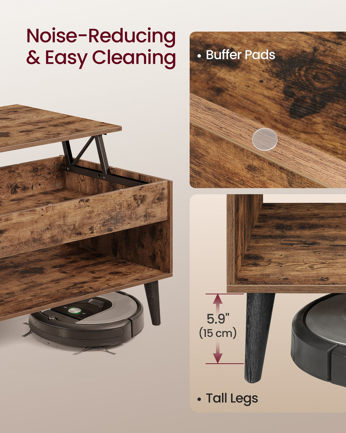 VASAGLE Lift Top Coffee Table with Hidden Storage – Rustic Brown