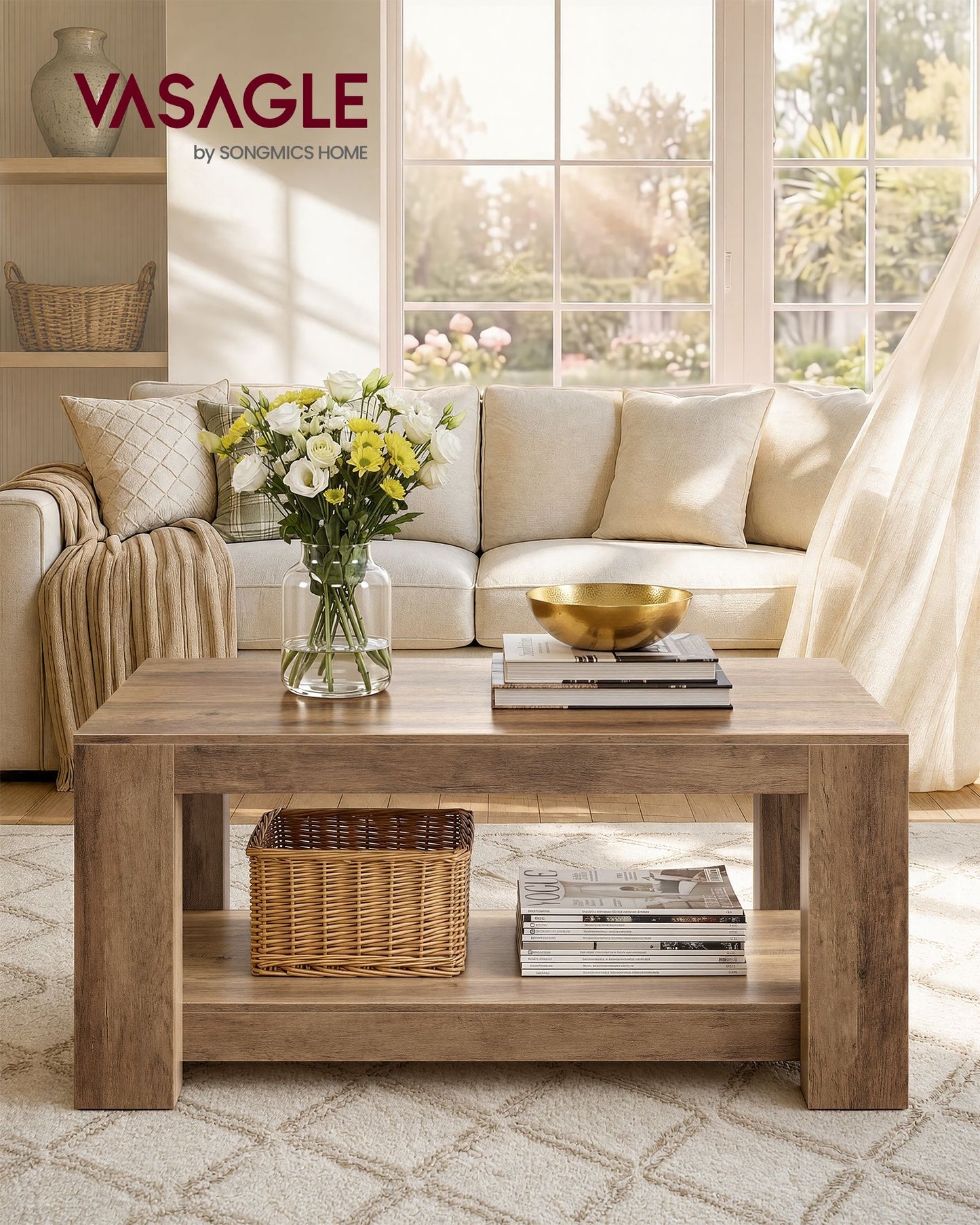 VASAGLE Honey Brown Two Tier Coffee Table with Clean Lines