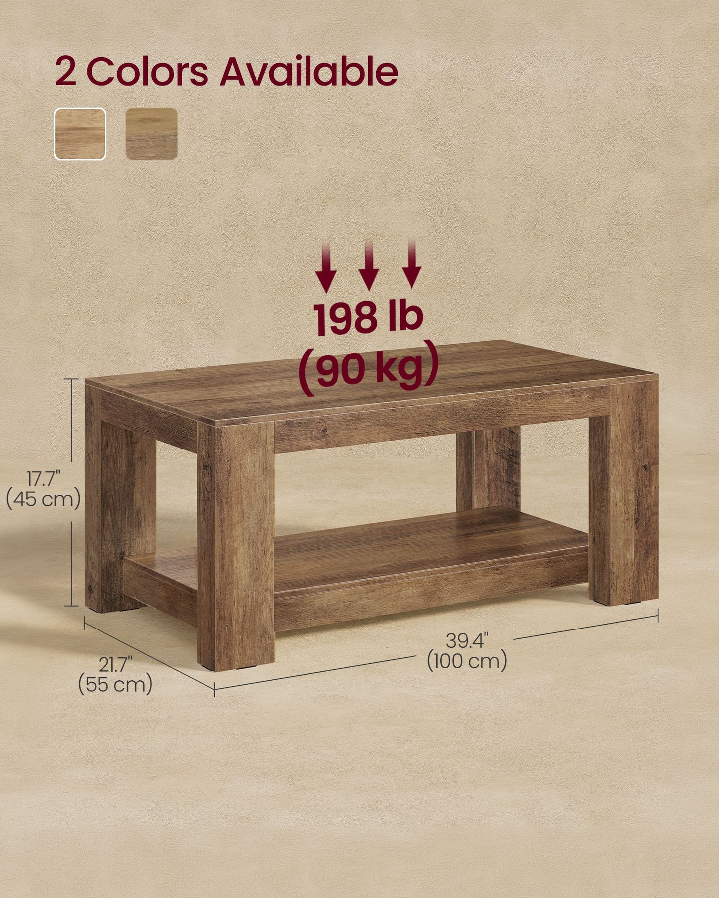 VASAGLE Honey Brown Two Tier Coffee Table with Clean Lines