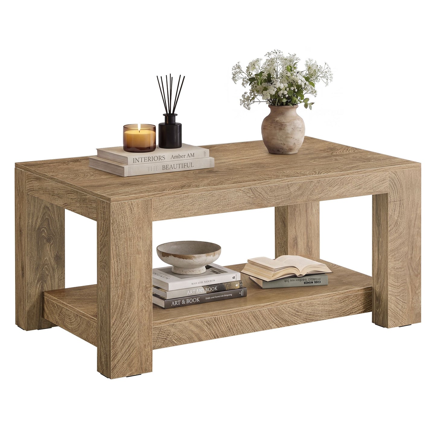 VASAGLE Rustic 2-Tier Coffee Table with Open Storage Shelf, Modern Wood Living Room Table – Pumice