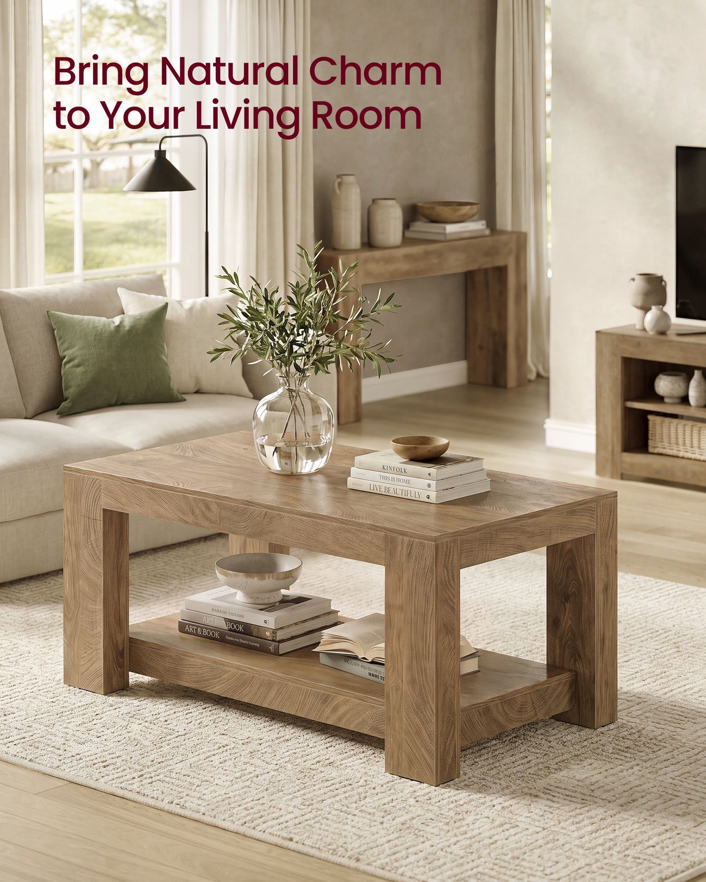 VASAGLE Rustic 2-Tier Coffee Table with Open Storage Shelf, Modern Wood Living Room Table – Pumice