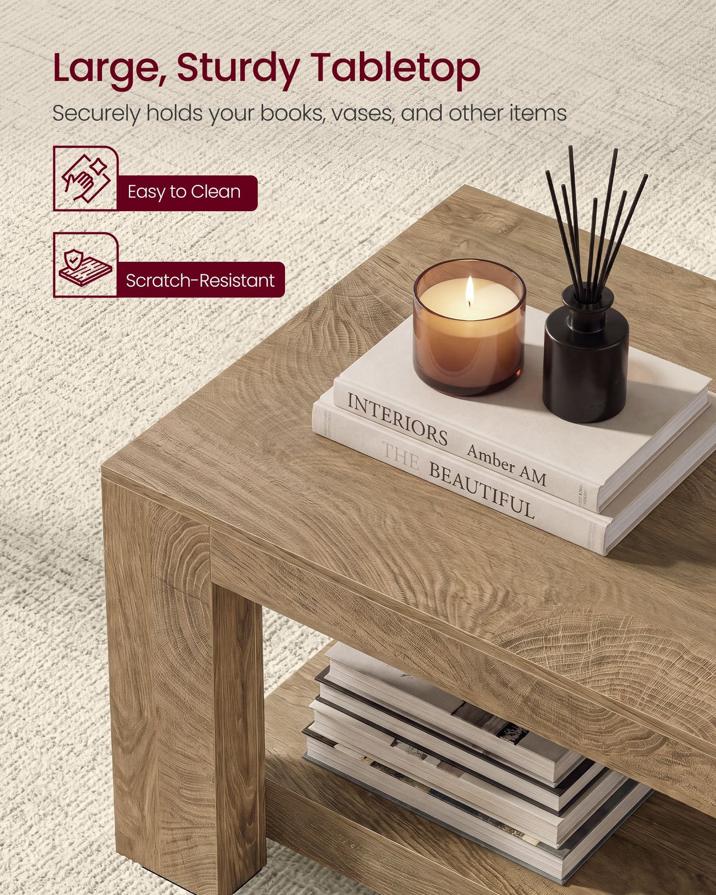 VASAGLE Rustic 2-Tier Coffee Table with Open Storage Shelf, Modern Wood Living Room Table – Pumice