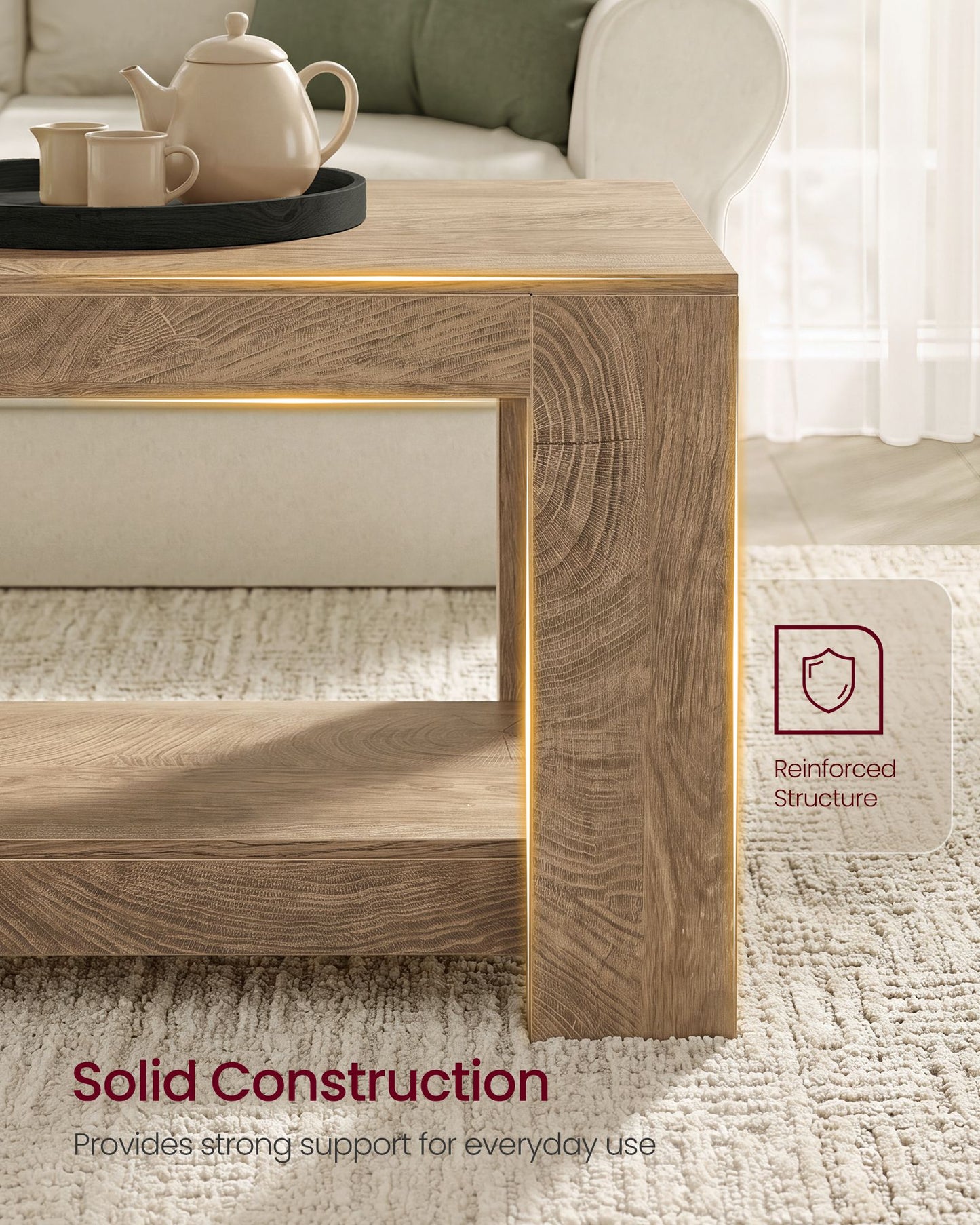 VASAGLE Rustic 2-Tier Coffee Table with Open Storage Shelf, Modern Wood Living Room Table – Pumice