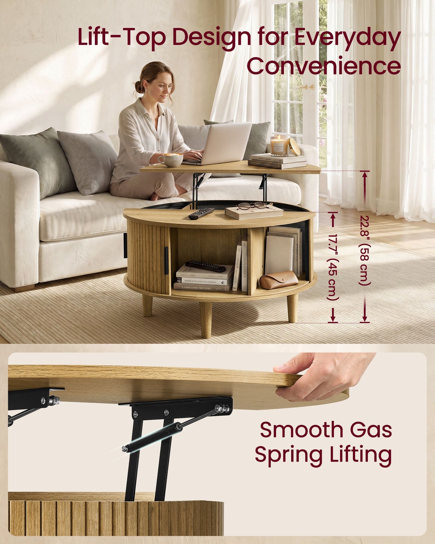 VASAGLE Mid Century Lift Top Table with Tambour Door Natural Brown