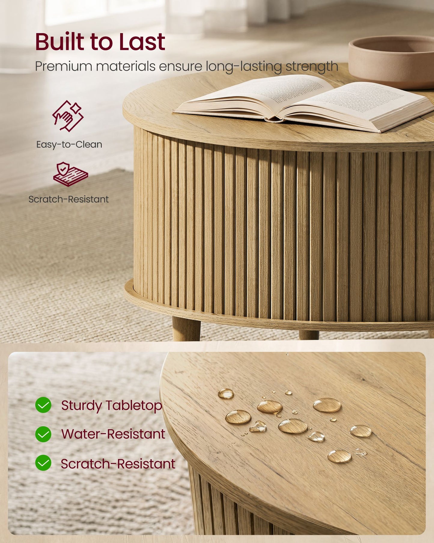 VASAGLE Mid Century Lift Top Table with Tambour Door Natural Brown