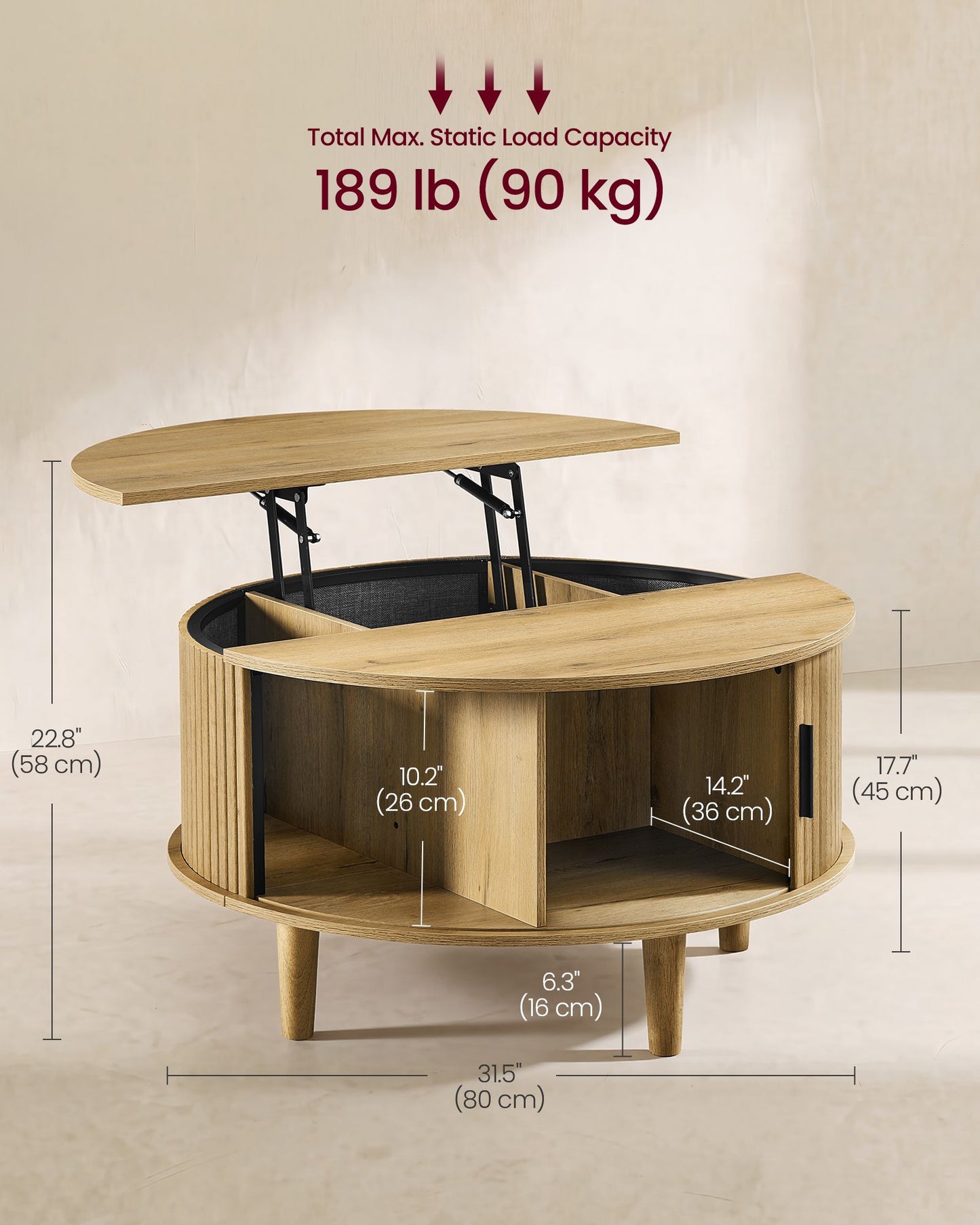VASAGLE Mid Century Lift Top Table with Tambour Door Natural Brown