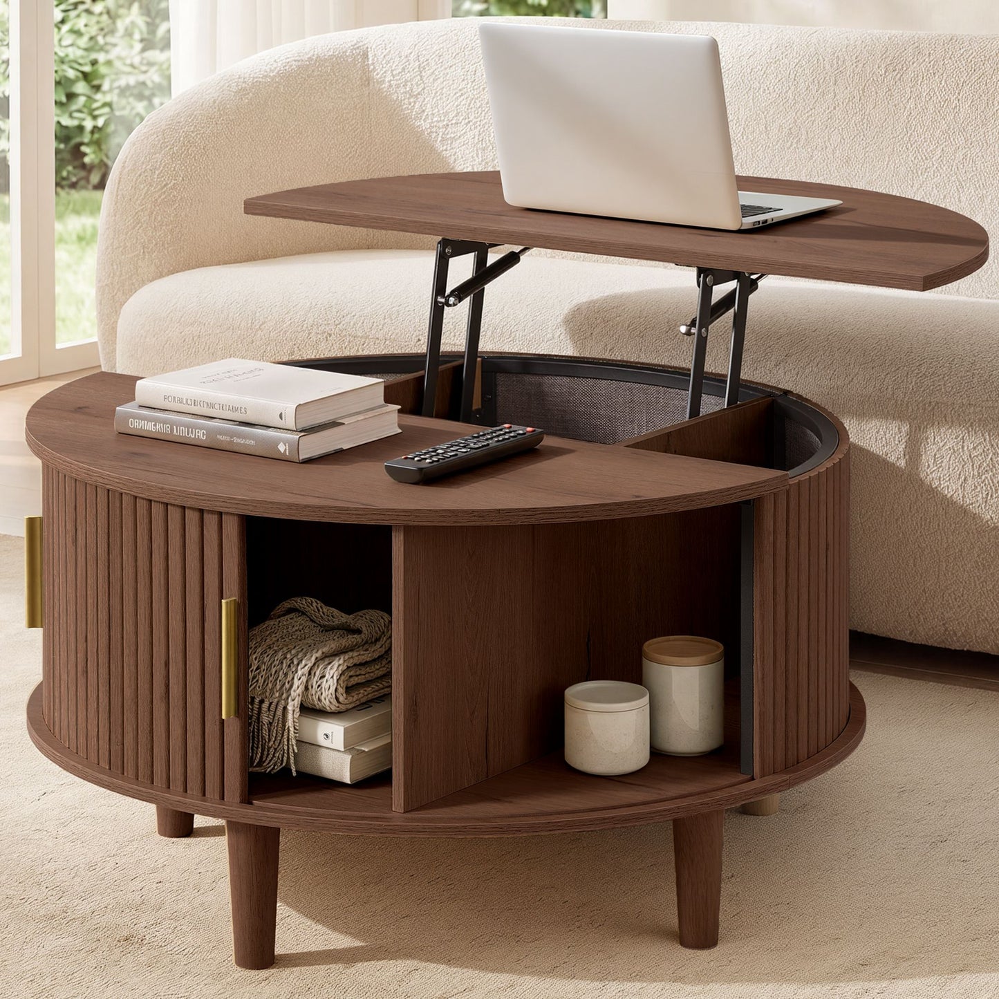 VASAGLE Round Lift Top Coffee Table with Tambour Sliding Door – Chestnut Brown