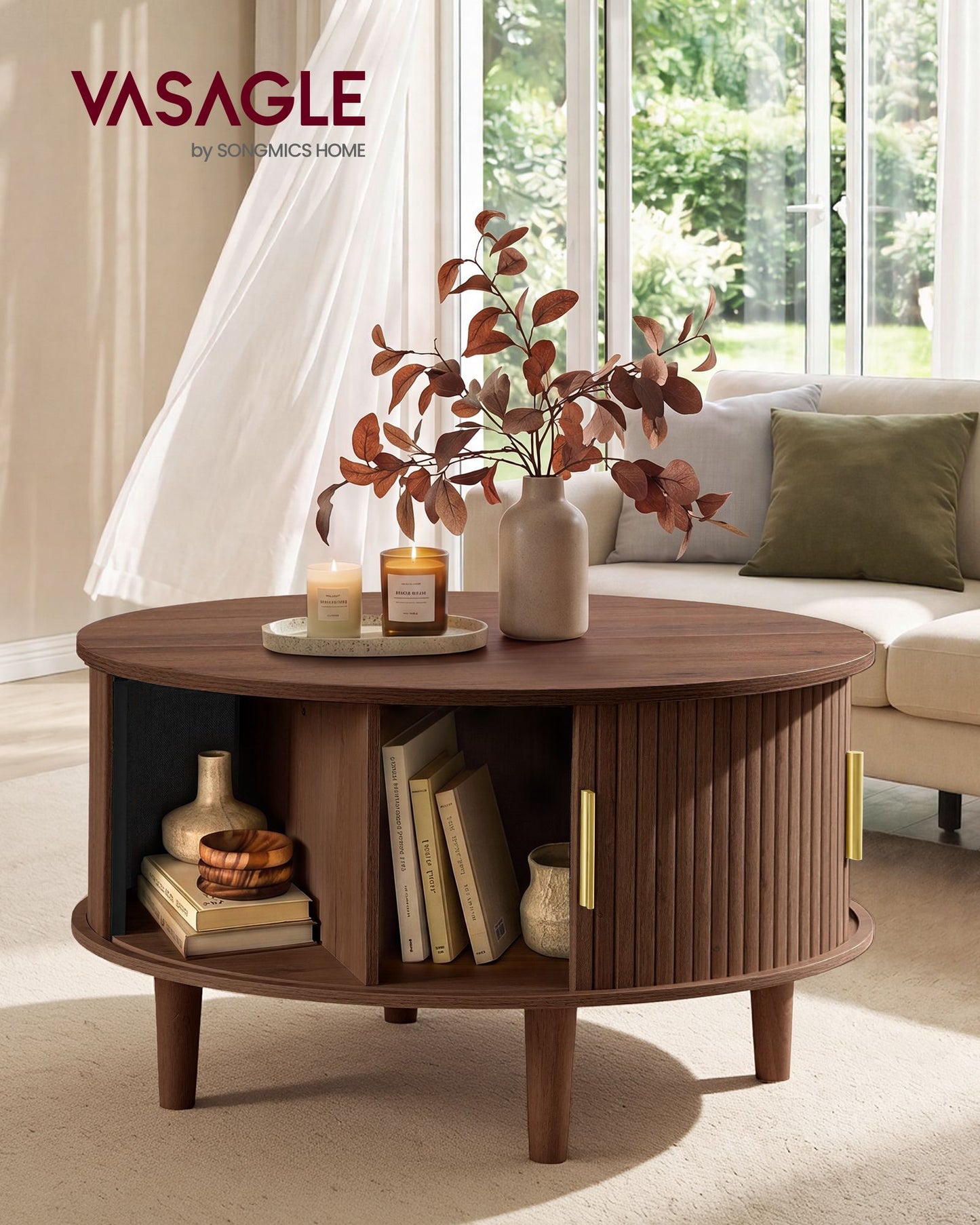 VASAGLE Round Lift Top Coffee Table with Tambour Sliding Door – Chestnut Brown