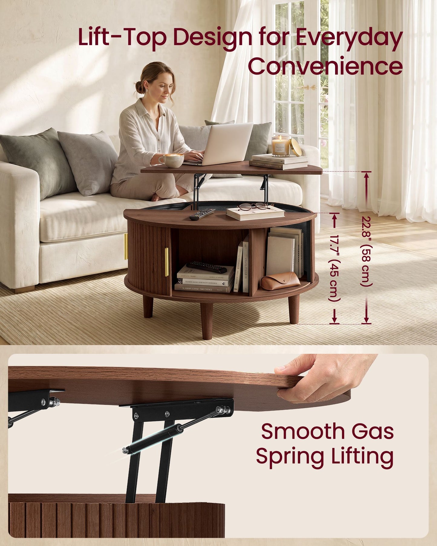 VASAGLE Round Lift Top Coffee Table with Tambour Sliding Door – Chestnut Brown