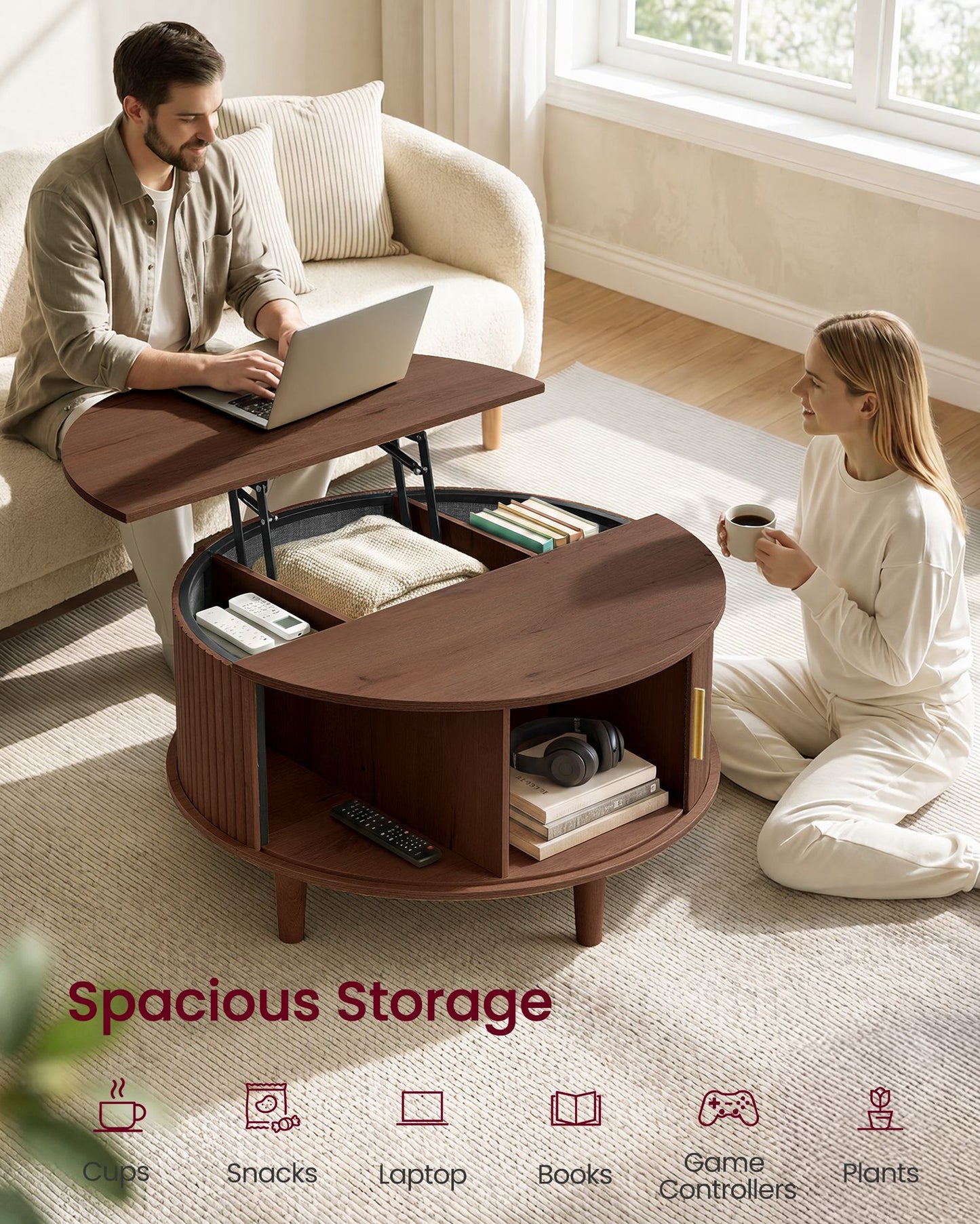 VASAGLE Round Lift Top Coffee Table with Tambour Sliding Door – Chestnut Brown
