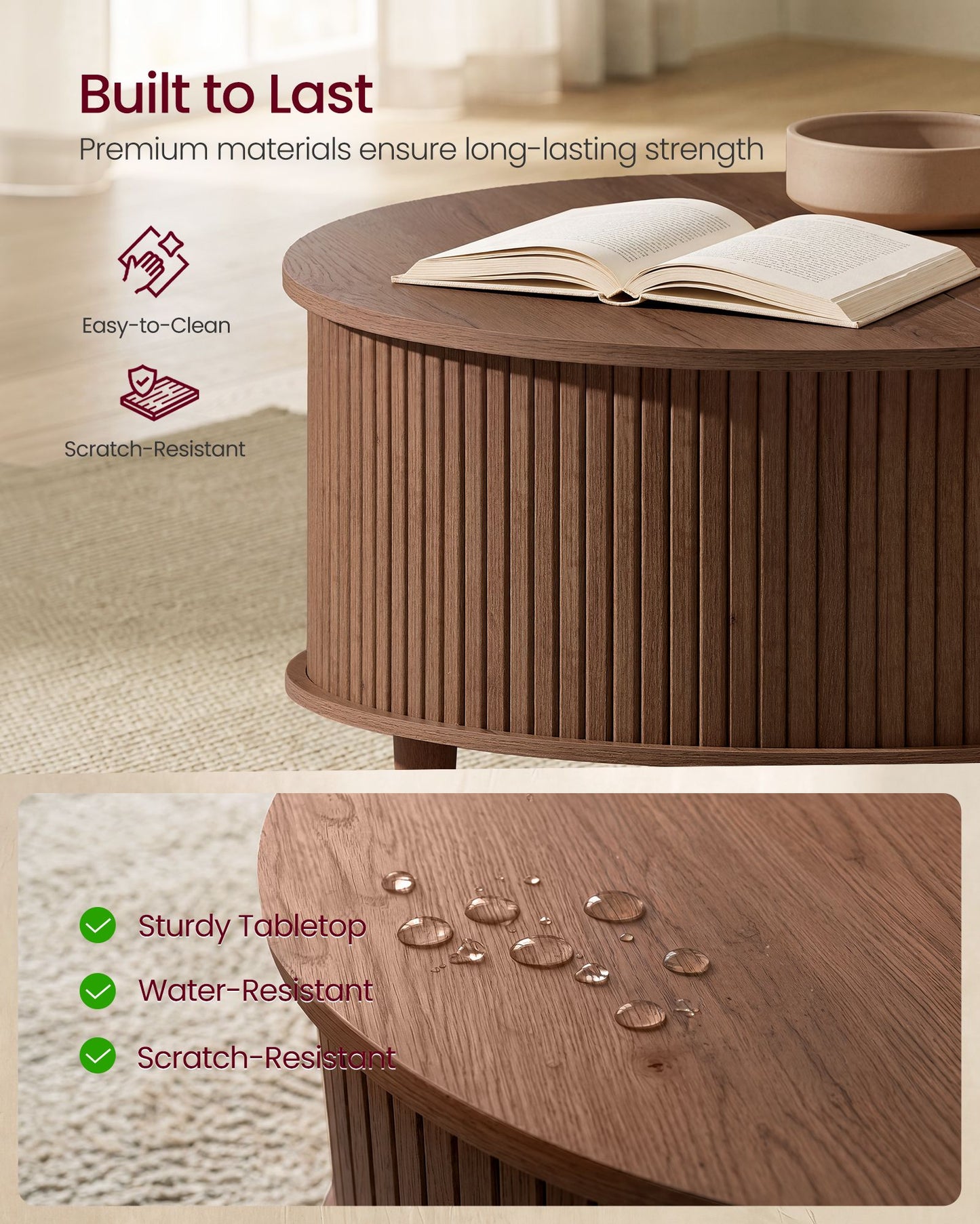VASAGLE Round Lift Top Coffee Table with Tambour Sliding Door – Chestnut Brown