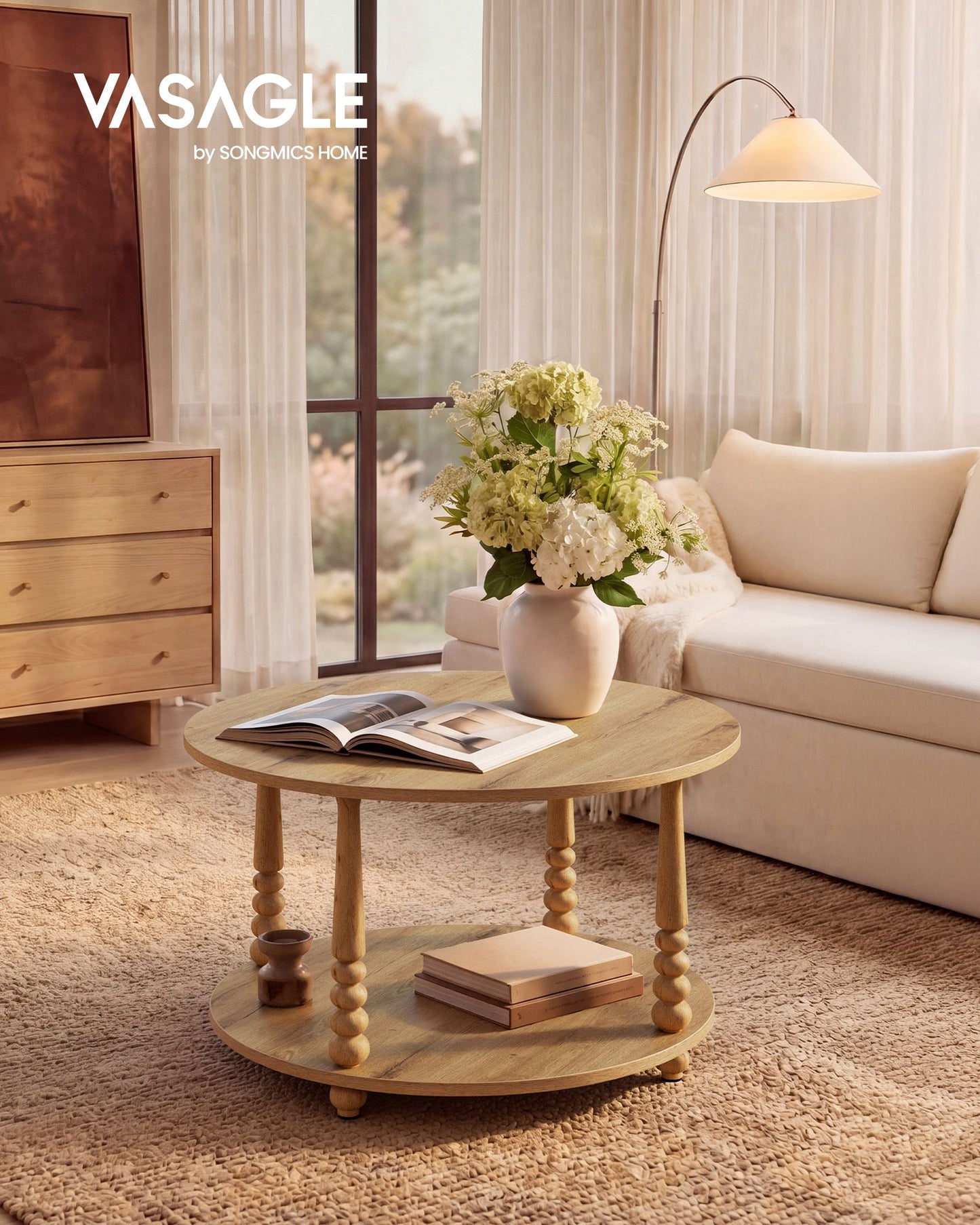 VASAGLE Mariel Two Tier Storage Table with Solid Wood Legs Natural Brown