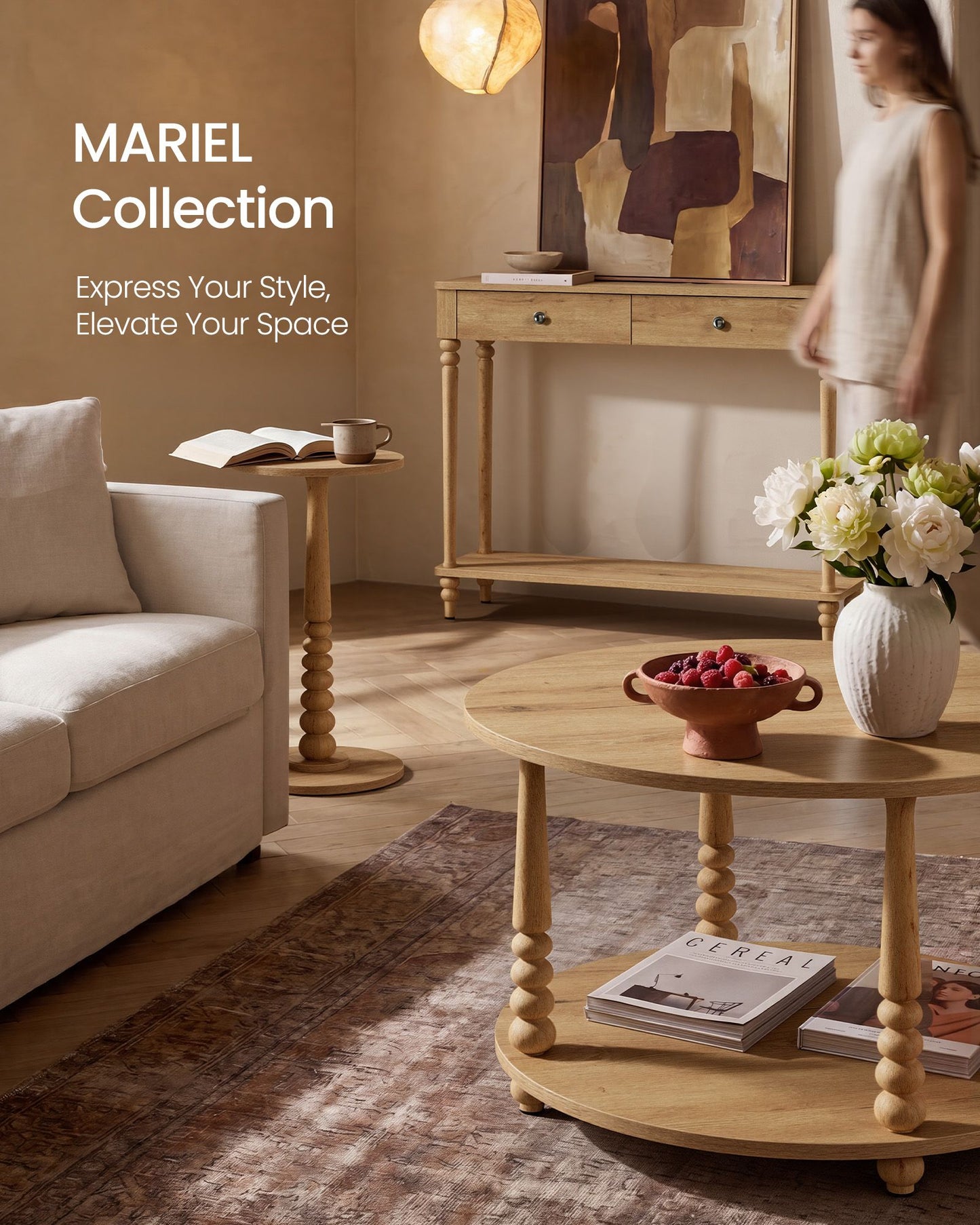 VASAGLE Mariel Two Tier Storage Table with Solid Wood Legs Natural Brown