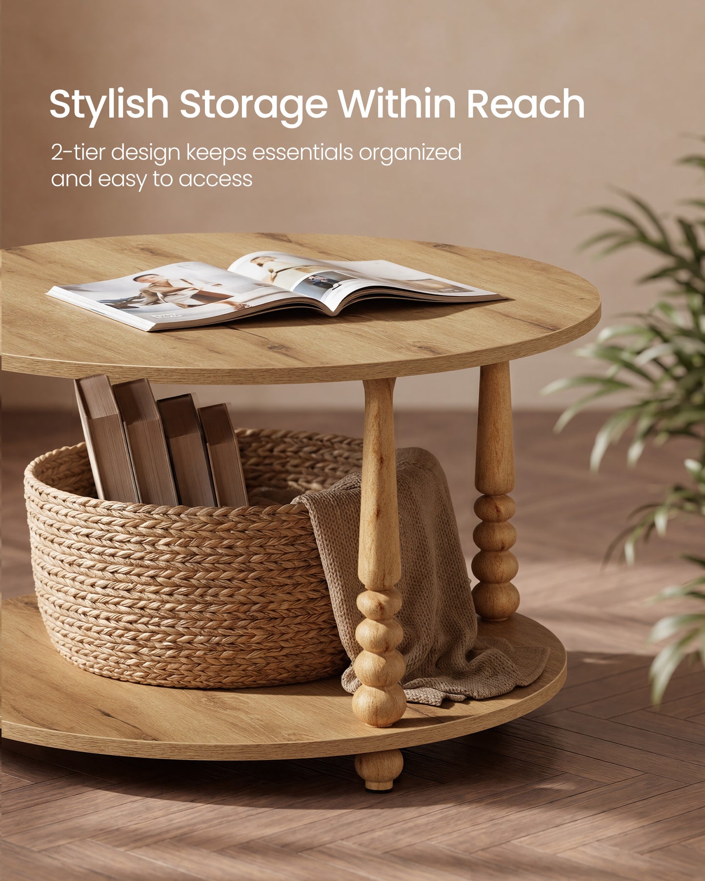 VASAGLE Mariel Two Tier Storage Table with Solid Wood Legs Natural Brown