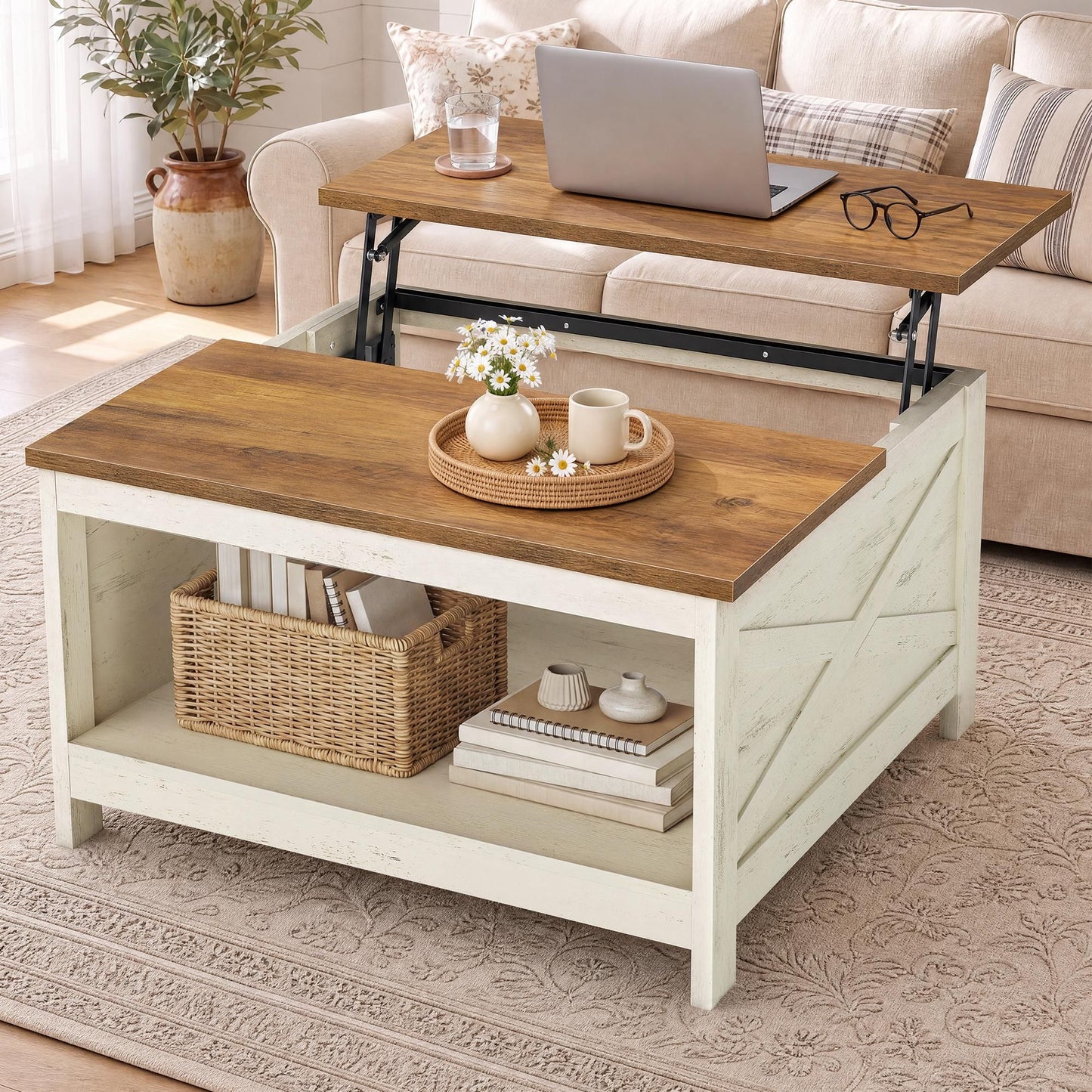 VASAGLE Lift Top Coffee Table – Rustic White and Honey Brown