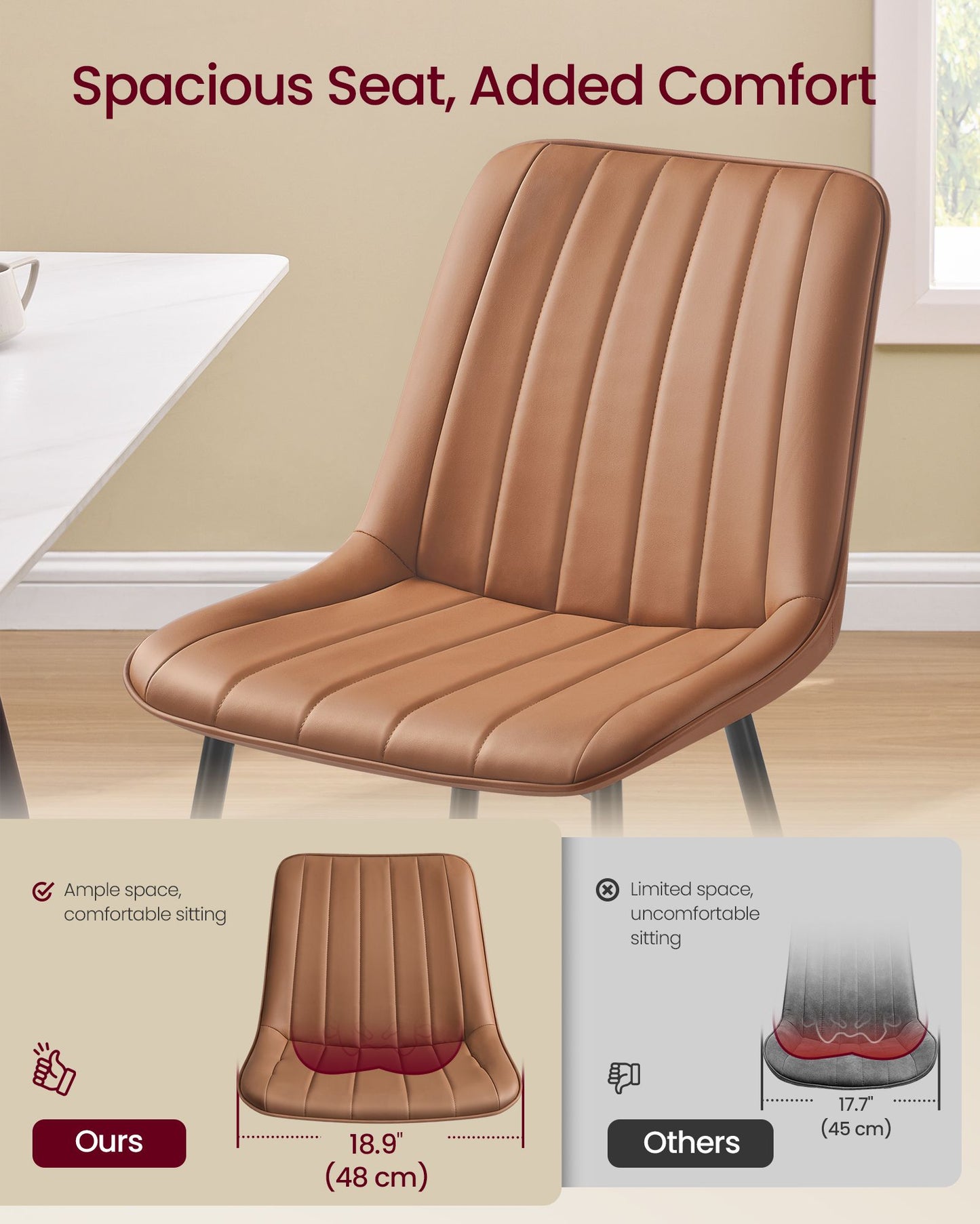 VASAGLE Dining Chairs, Upholstered Kitchen Chairs, Set of 2, Caramel Brown and Ink Black