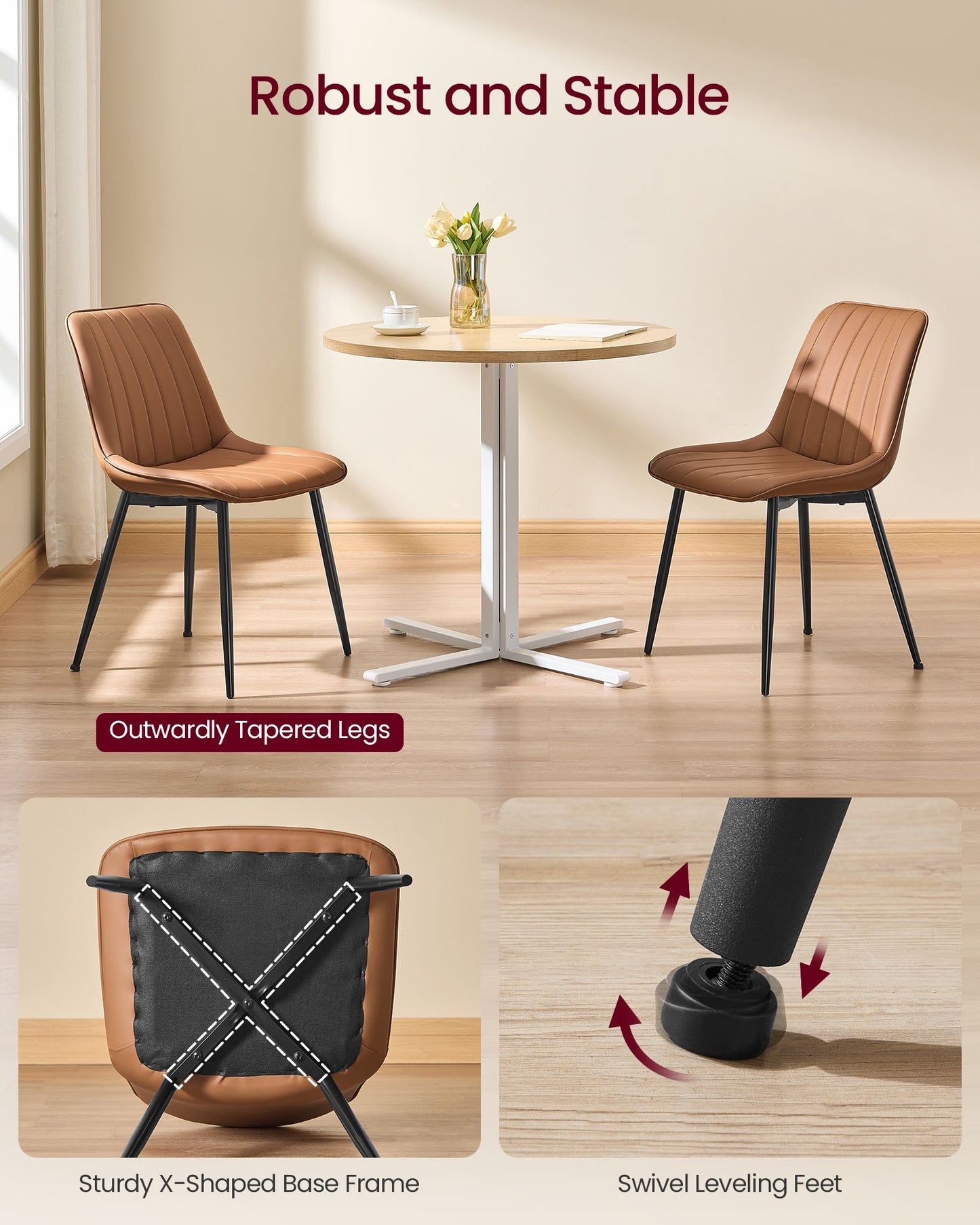 VASAGLE Dining Chairs, Upholstered Kitchen Chairs, Set of 2, Caramel Brown and Ink Black