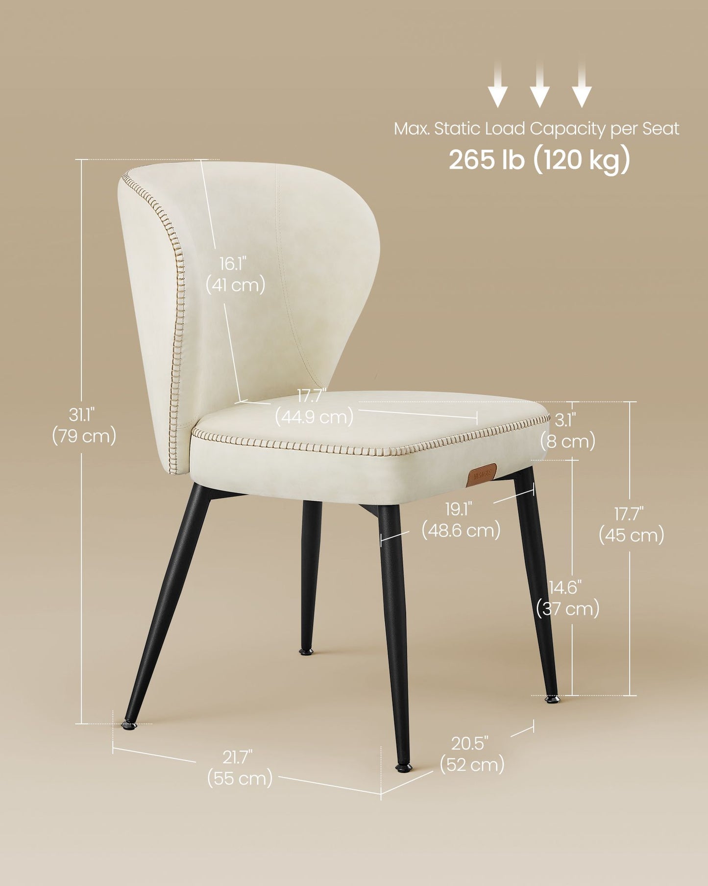 VASAGLE Set of 4 Cream White Upholstered Dining Chairs in PU Leather