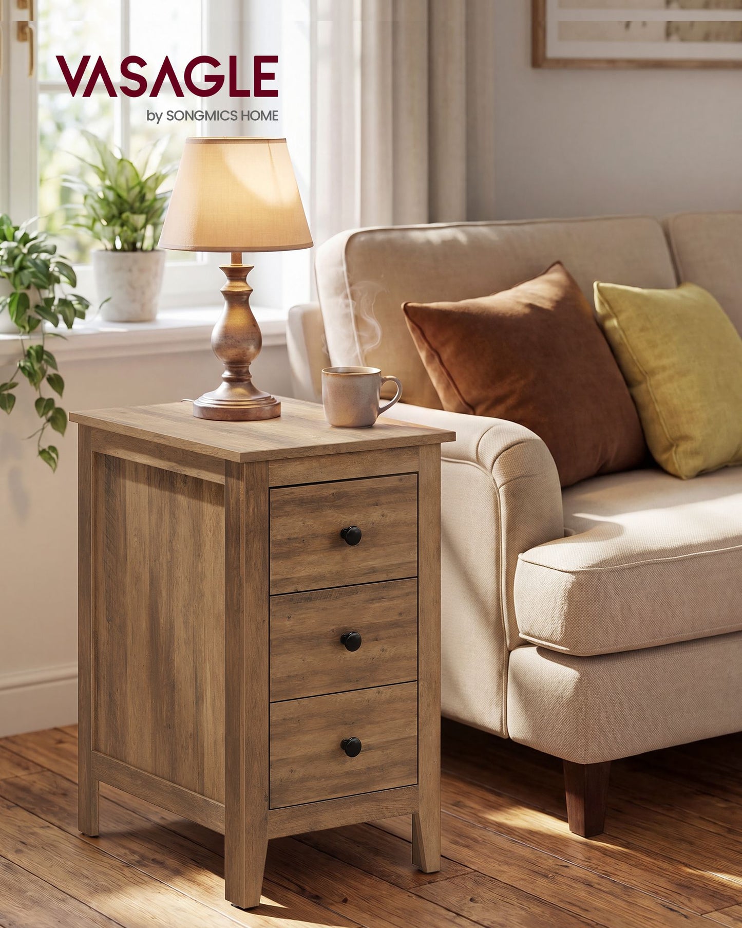 VASAGLE Farmhouse Side Table with Three Drawers Honey Brown – Warm Brown