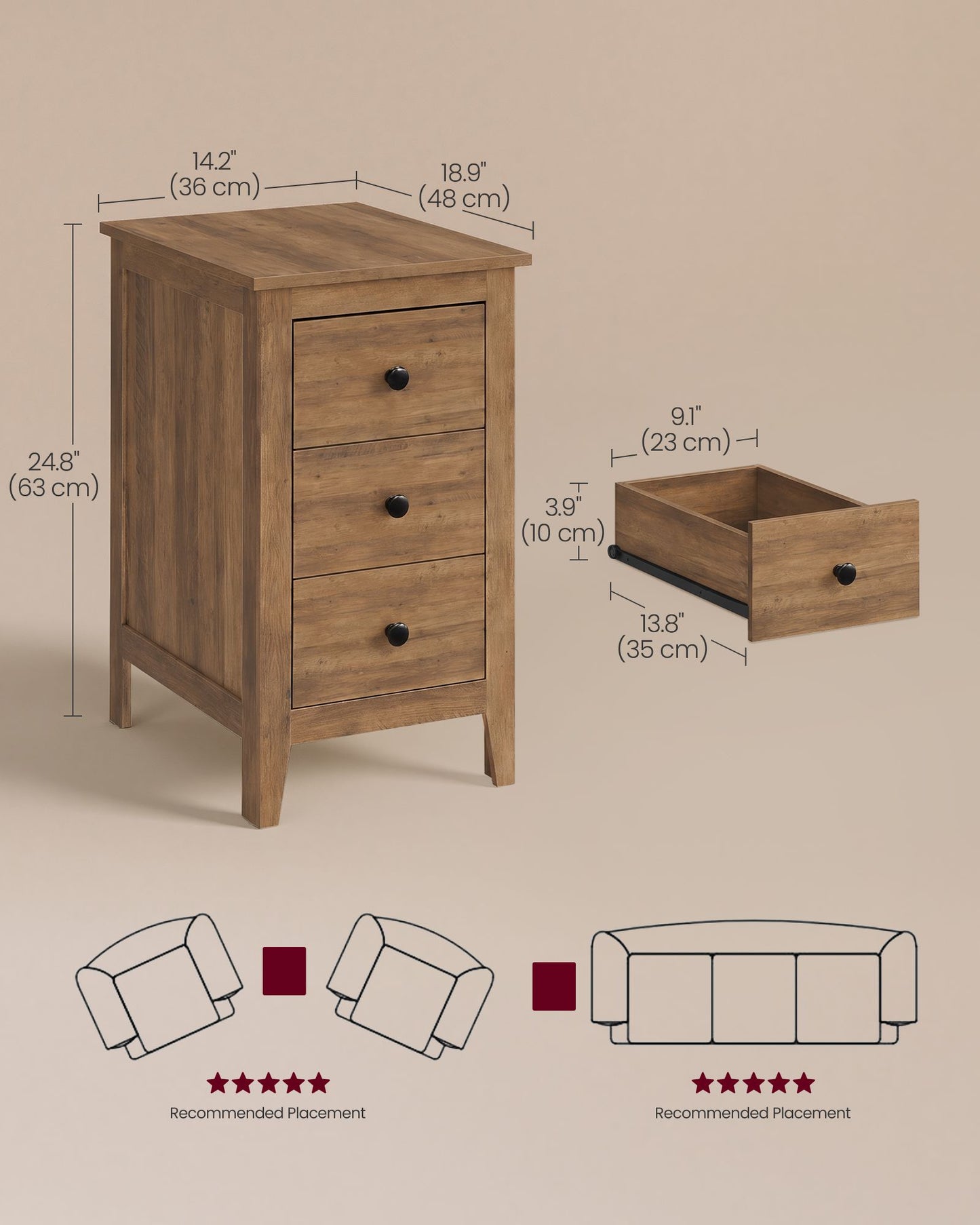 VASAGLE Farmhouse Side Table with Three Drawers Honey Brown – Warm Brown