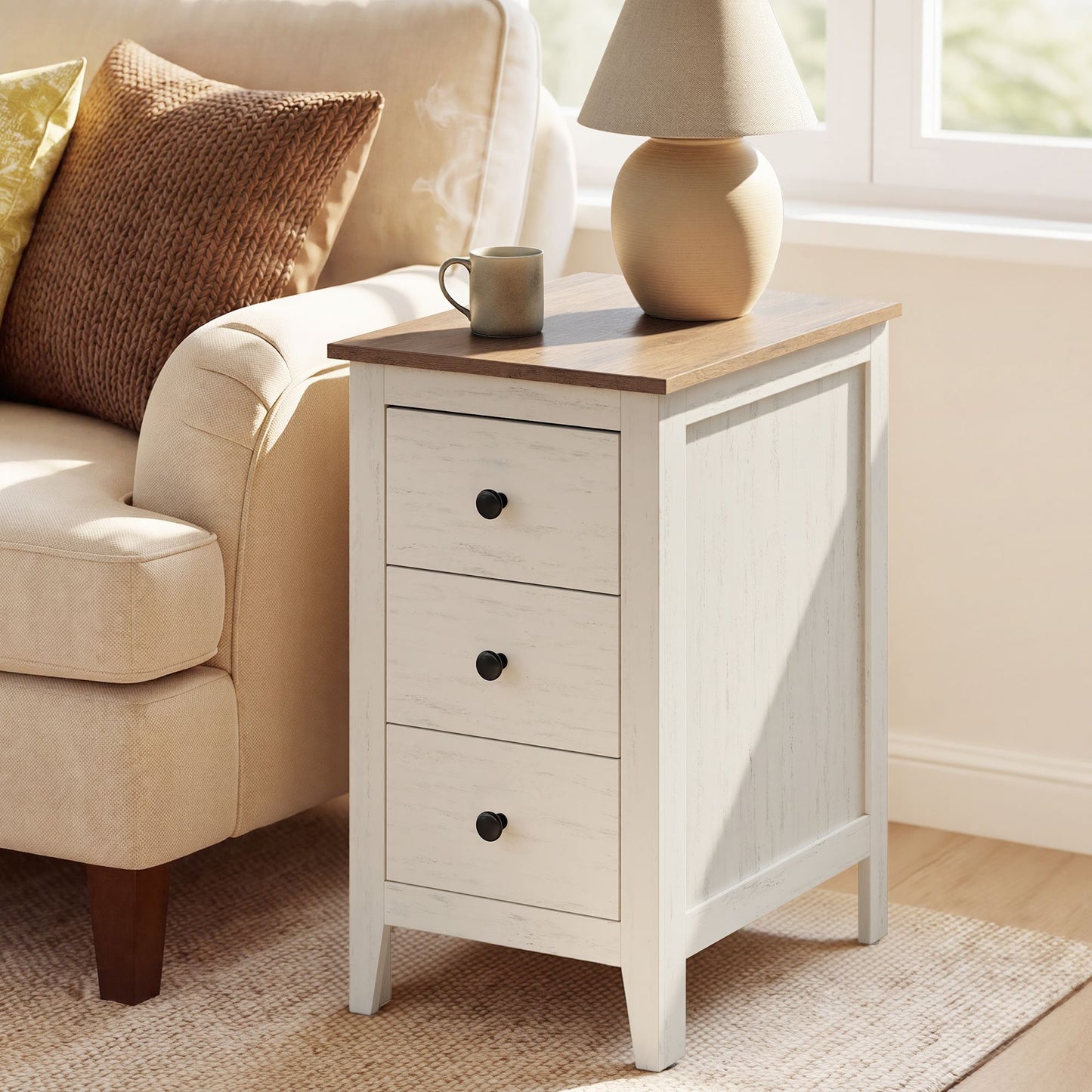 VASAGLE Farmhouse Side Table with 3 Drawers Rustic White Honey Brown – Cloud White and Warm Brown