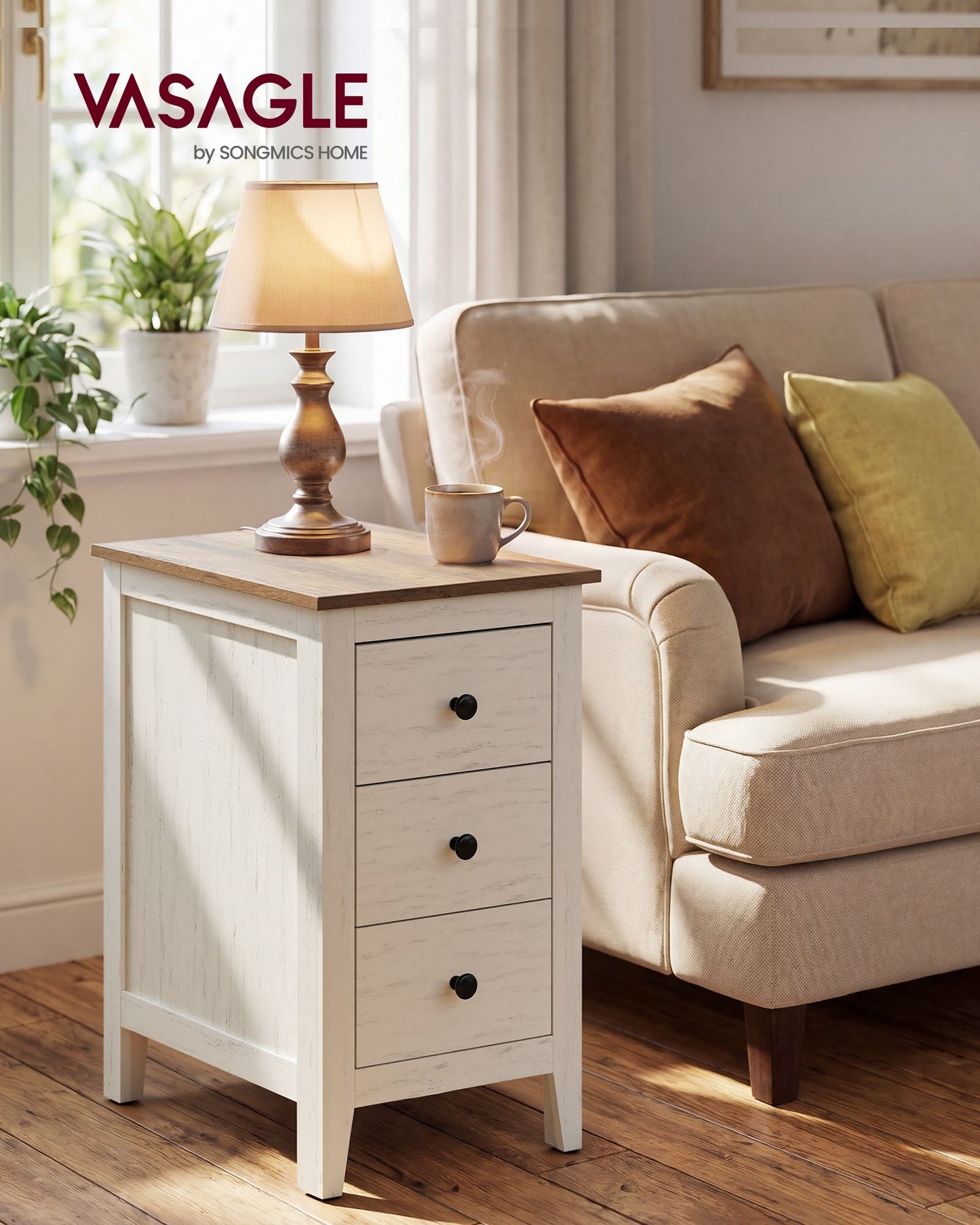 VASAGLE Farmhouse Side Table with 3 Drawers Rustic White Honey Brown – Cloud White and Warm Brown